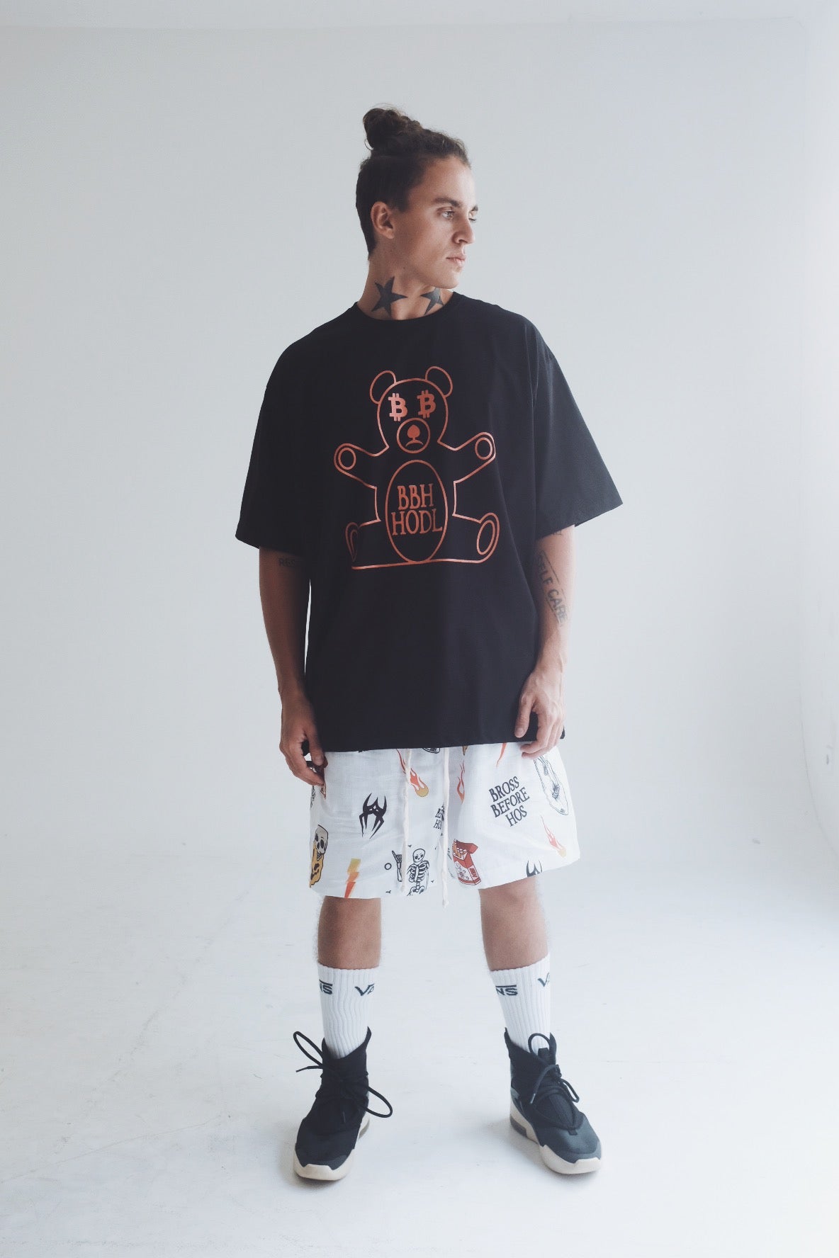 White cotton T-shirt with Bitcoin bear print from Bross Before Hos Boutique, featuring a casual fit and graphic design.
