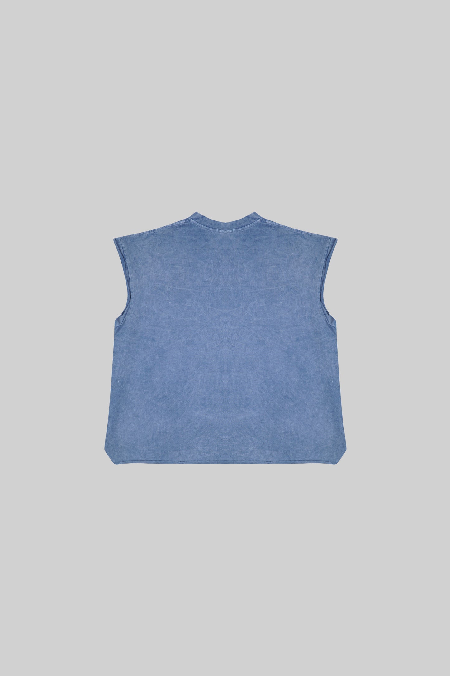 Stonewashed BROSS BEFORE HOS BOUTIQUE muscle top with fitted design and short sleeves, displayed on a neutral background.