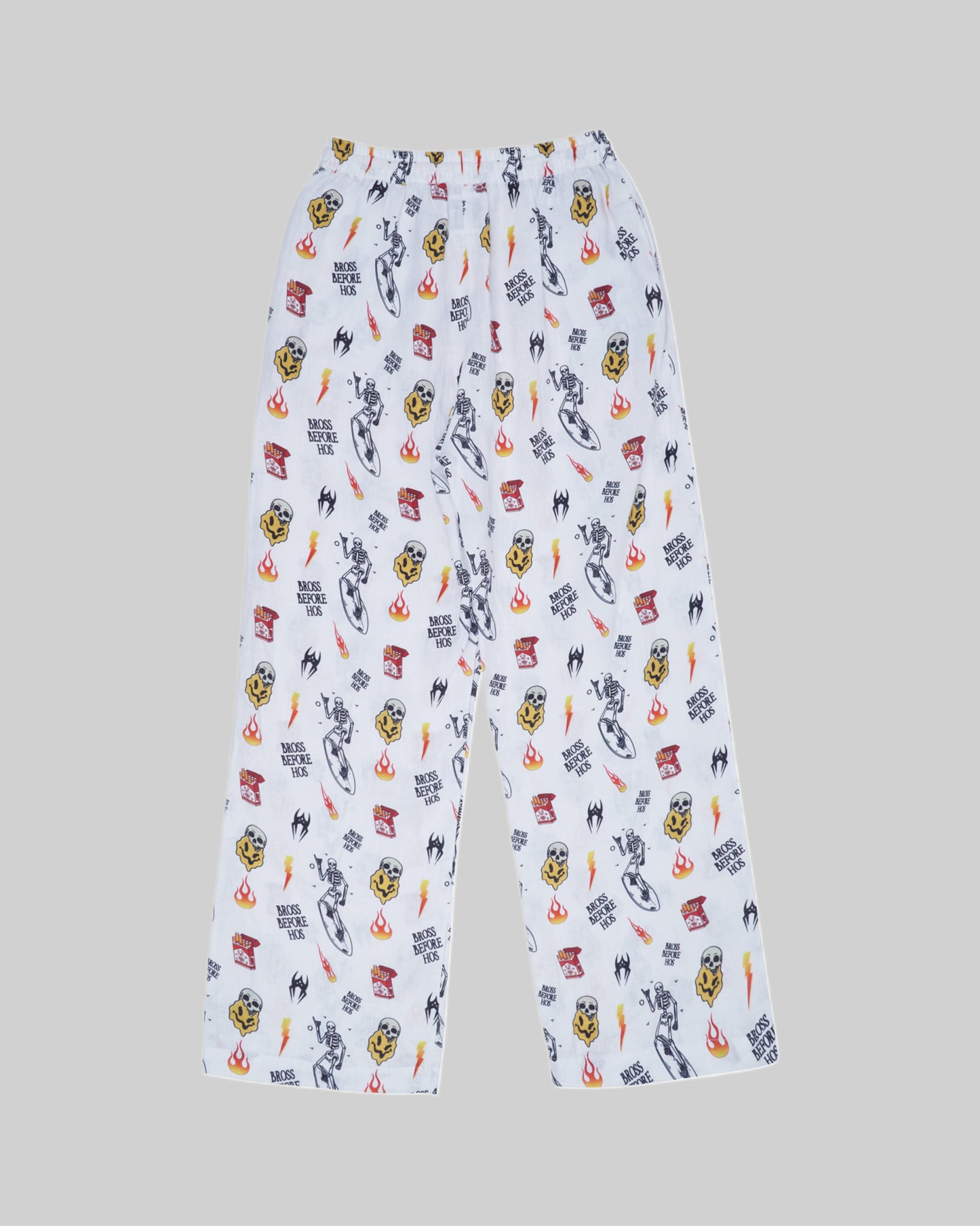White straight fit linen printed pants by Bross Before HOS Boutique, featuring lightweight fabric and stylish design.