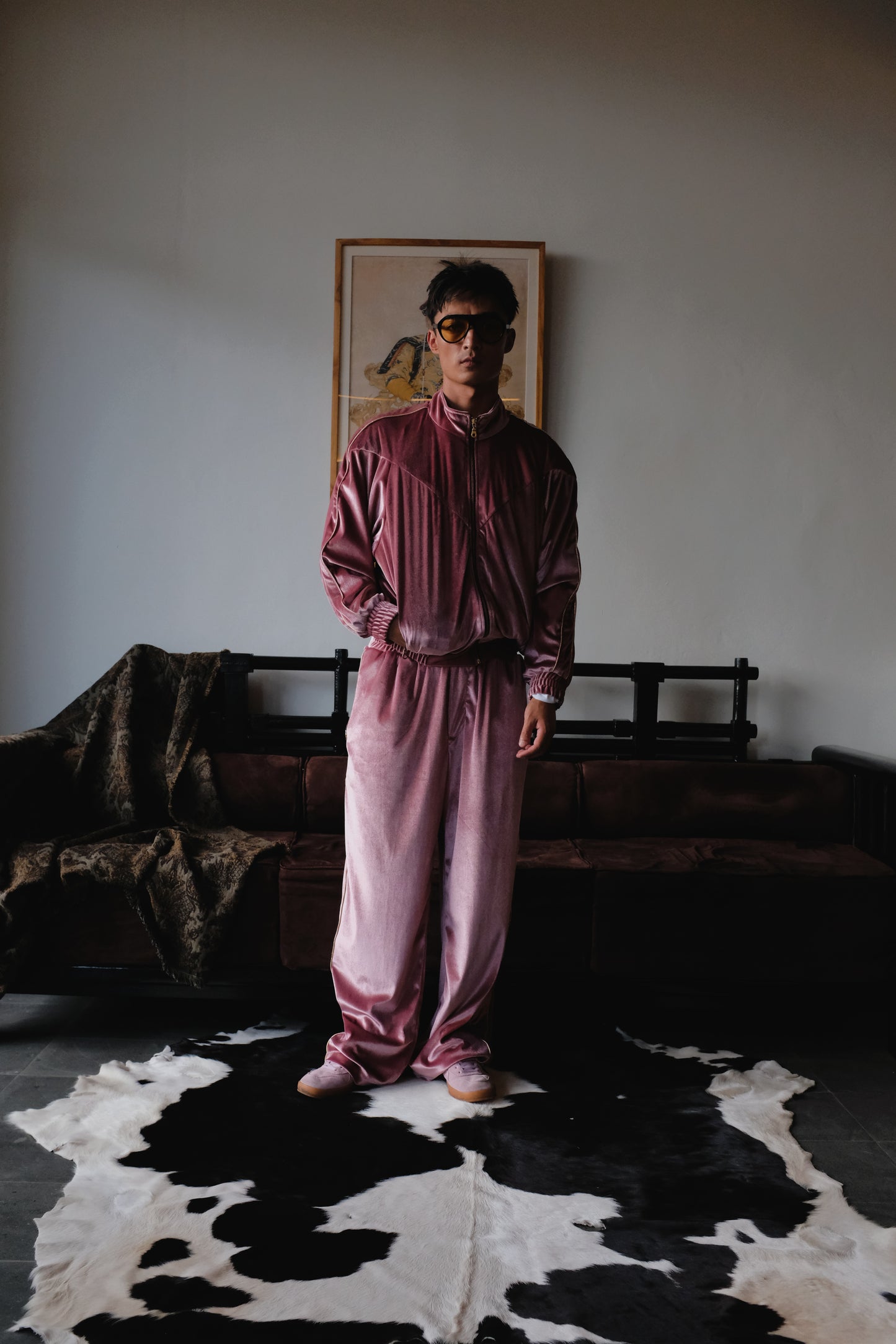Pink velvet track pants by Bross Before Hoss Boutique, featuring a soft fabric and relaxed fit, shown on a mannequin.