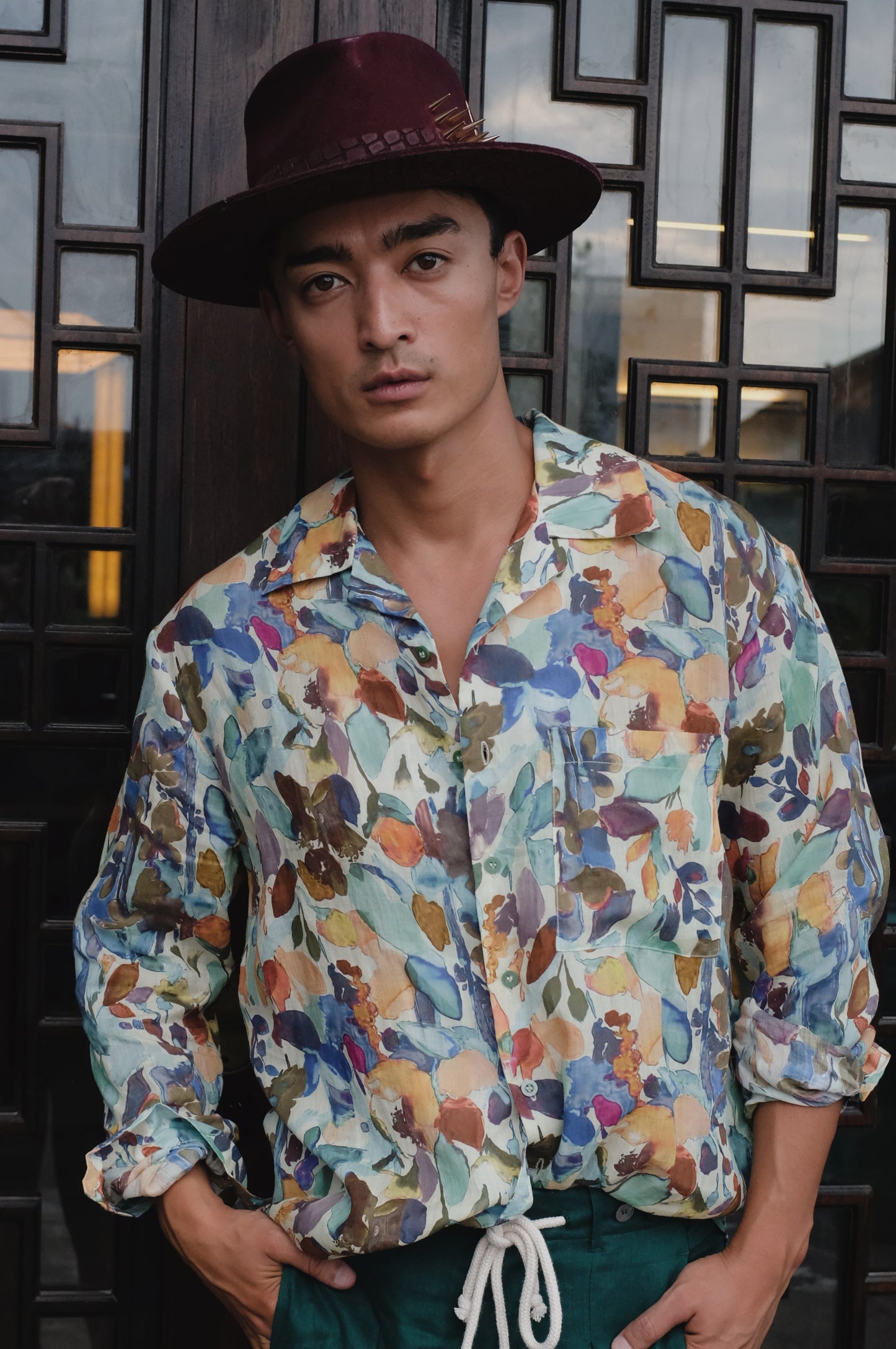 Green Ramie Blossom Longsleeve Shirt by Bross Before Hos Boutique, featuring a lightweight, floral-printed design.