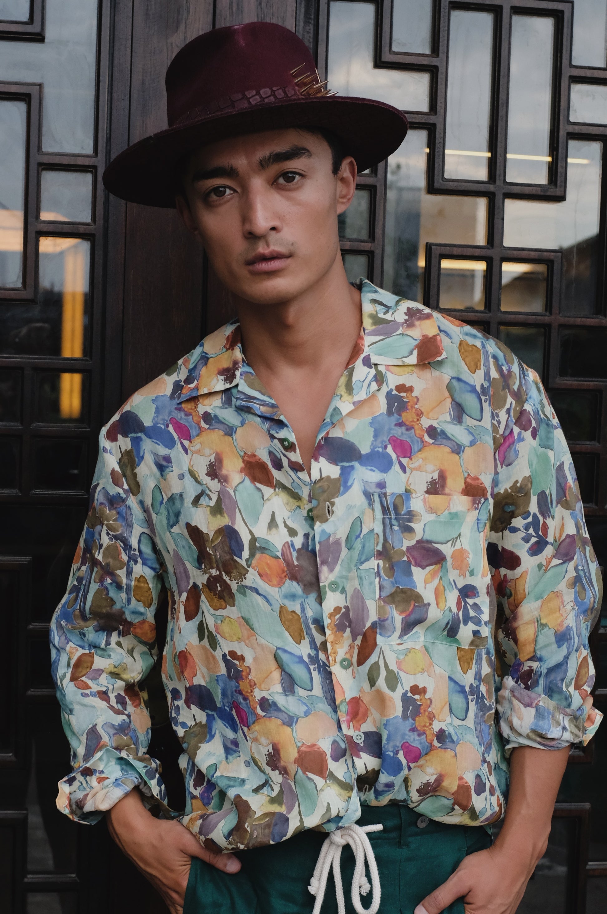 Green Ramie Blossom Longsleeve Shirt by Bross Before Hos Boutique, featuring a lightweight, floral-printed design.