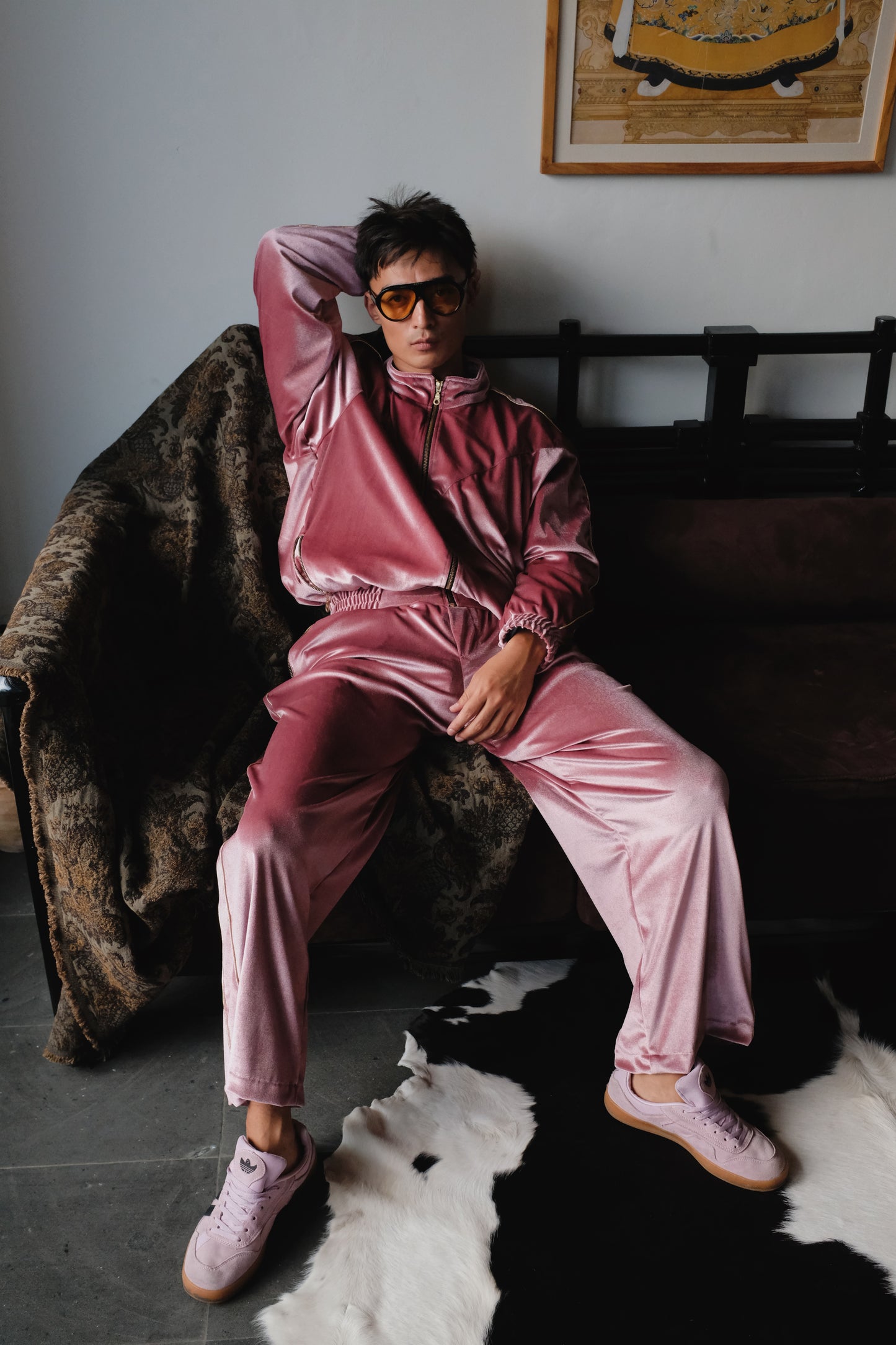 Pink velvet track pants from Bross Before Hos Boutique, featuring a relaxed fit and comfortable waistband.