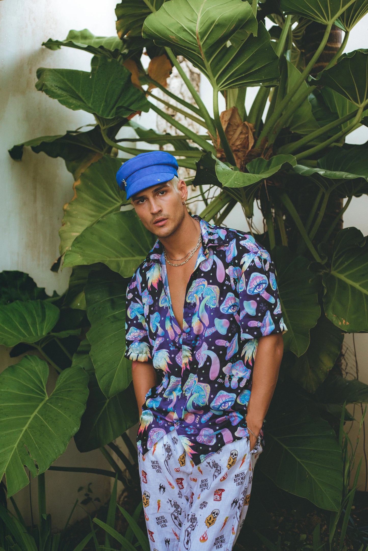 Dark blue mushroom print shirt by Bross Before Hos Boutique, featuring a stylish fit and soft fabric.