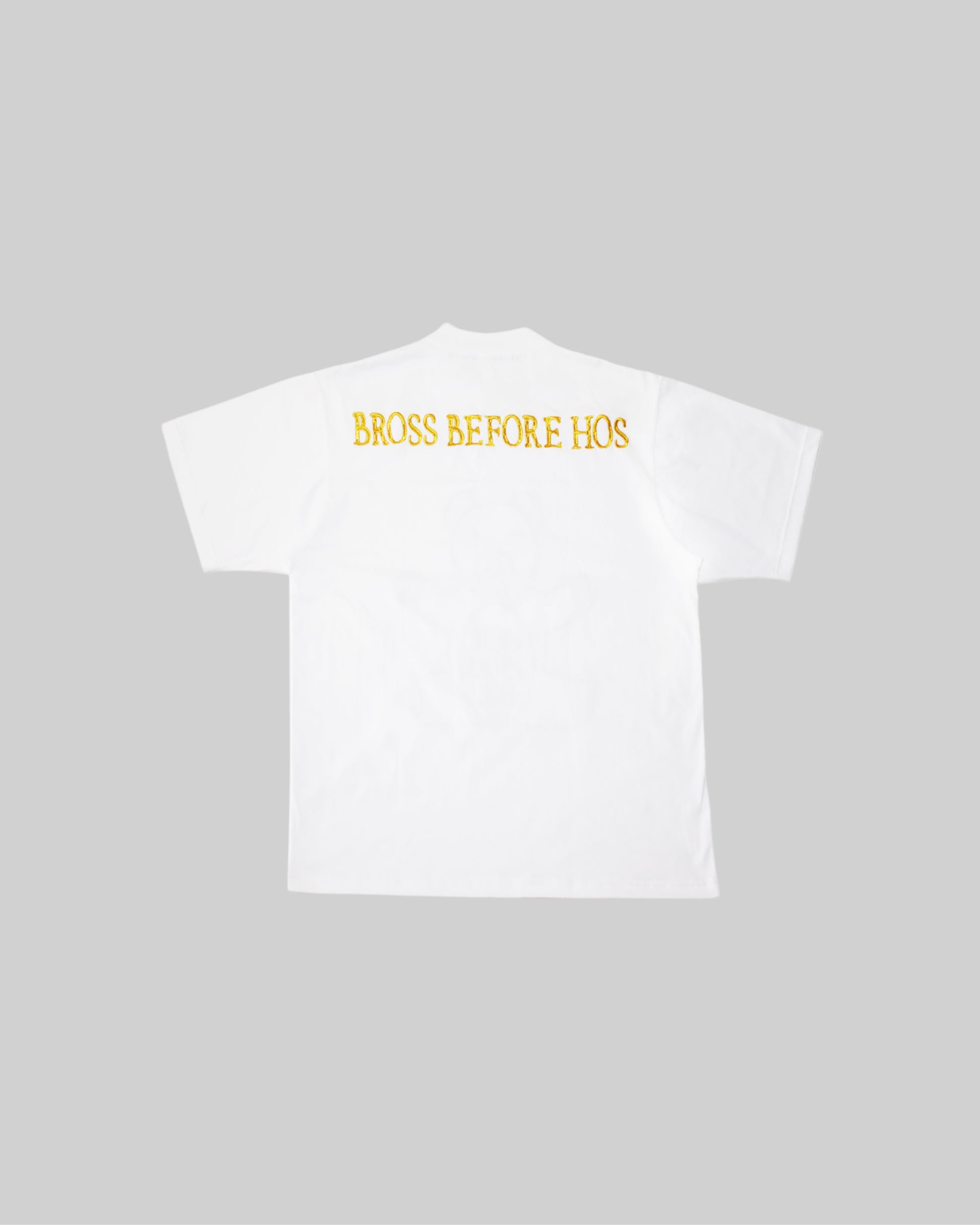 White cotton T-shirt with cigarette print design from Bross Before Hos Boutique, featuring a casual fit and graphic artwork.