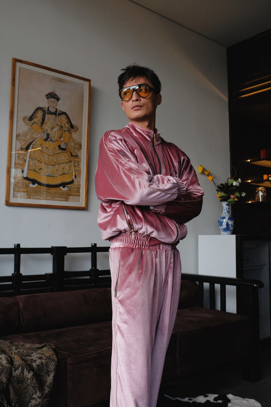 Pink velvet track pants from Bross Before Hoss Boutique, featuring a comfortable fit and stylish design.