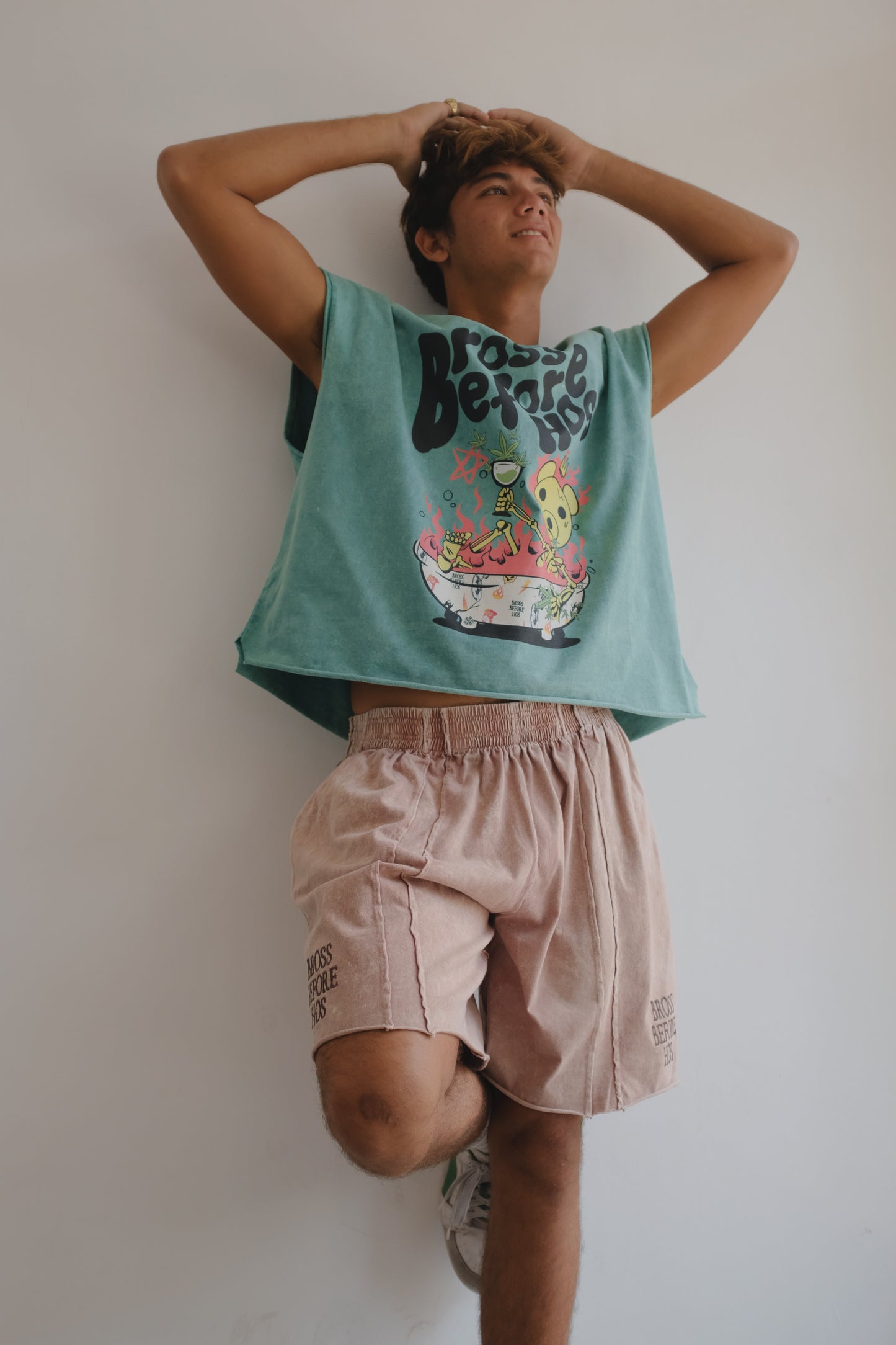 Pink stonewashed panel shorts by Bross Before Hos Boutique, featuring a relaxed fit and casual style.