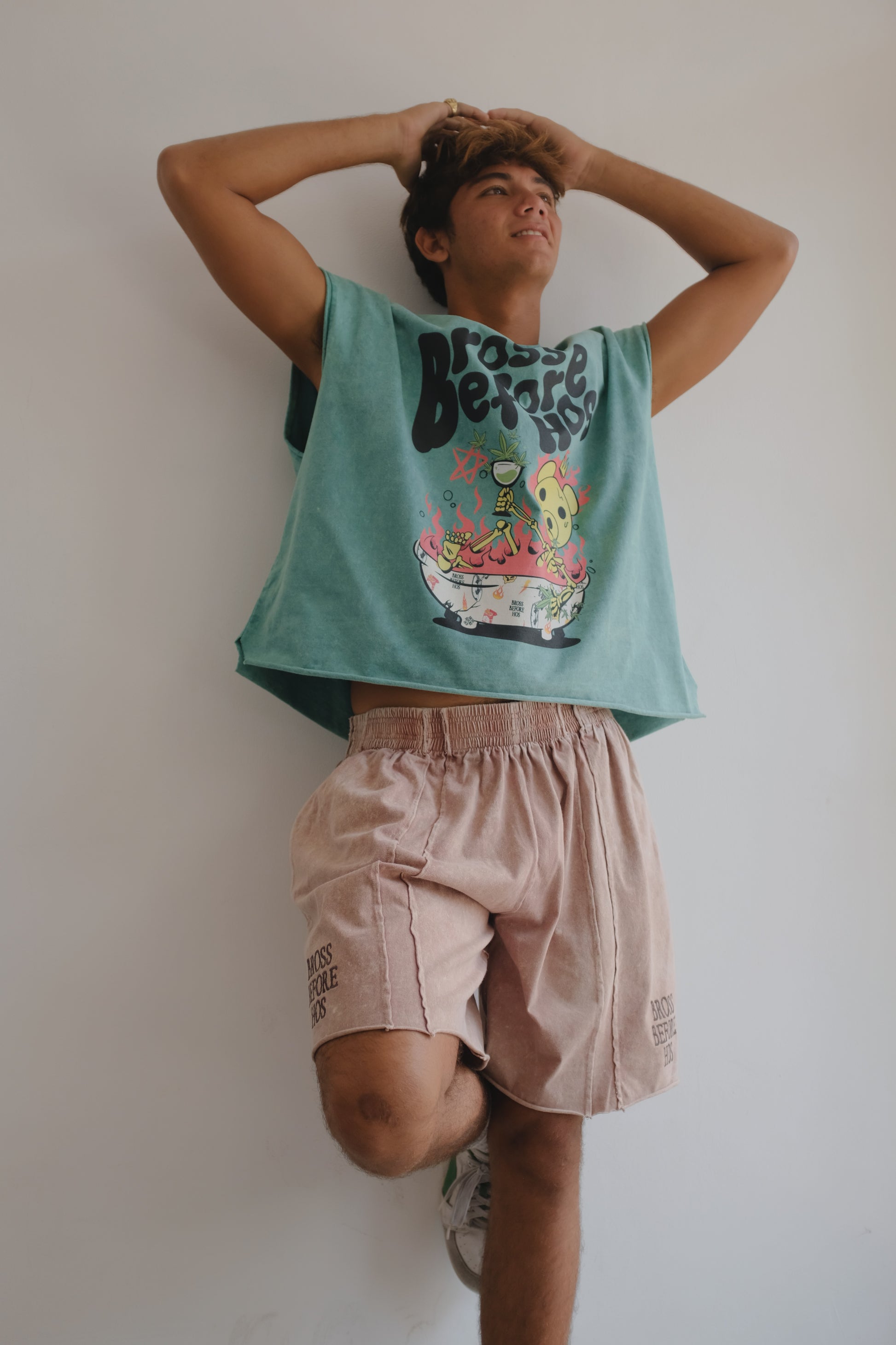 Pink stonewashed panel shorts by Bross Before Hos Boutique, featuring a relaxed fit and casual style.