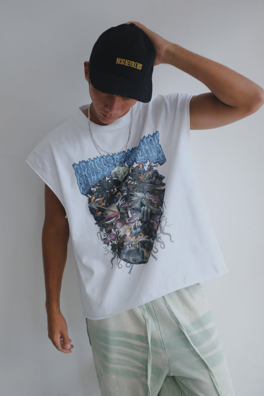 White BROSS BEFORE HOS BOUTIQUE muscle top with alien print, sleeveless design, and casual style for modern streetwear.