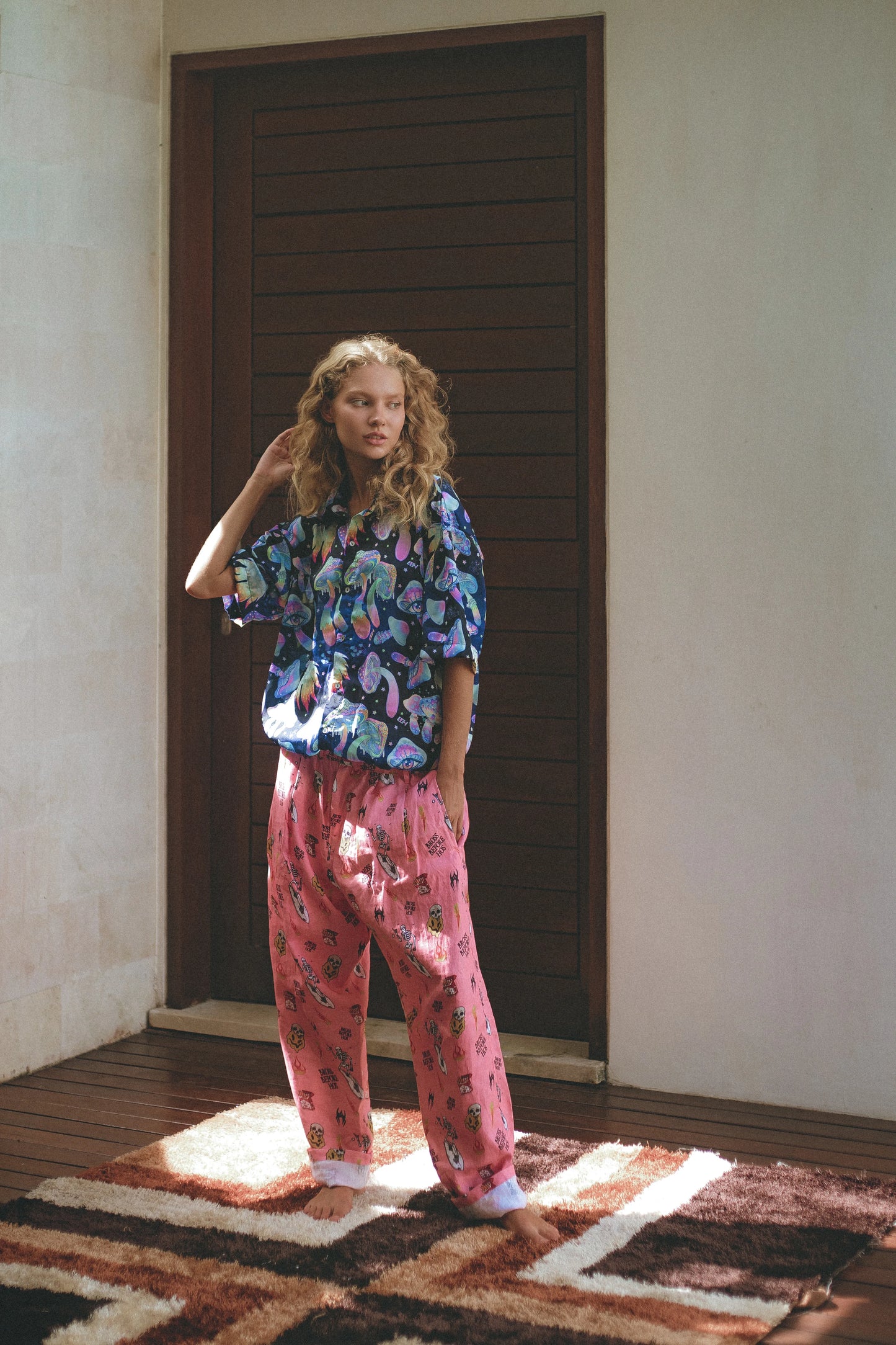 Dark blue mushroom print shirt from Bross Before Hos Boutique, featuring a casual fit and stylish design.