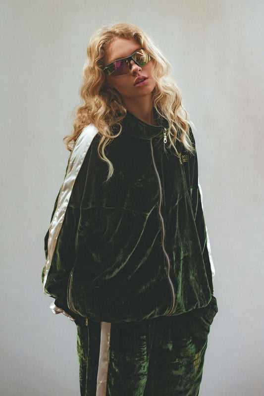 SILK VELVET TRACK JACKET OLIVE