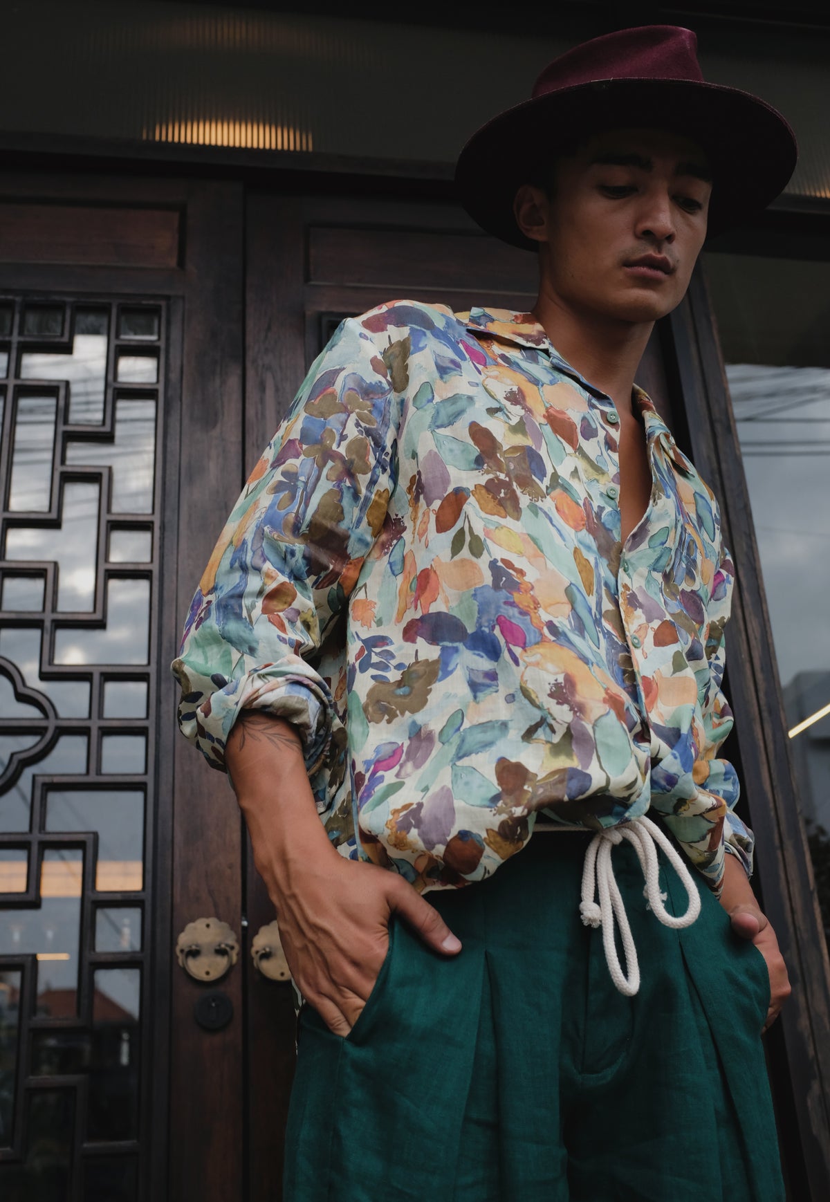 Green Ramie Blossom Shirt by Bross Before HOS Boutique, long-sleeve design with floral pattern and lightweight fabric.