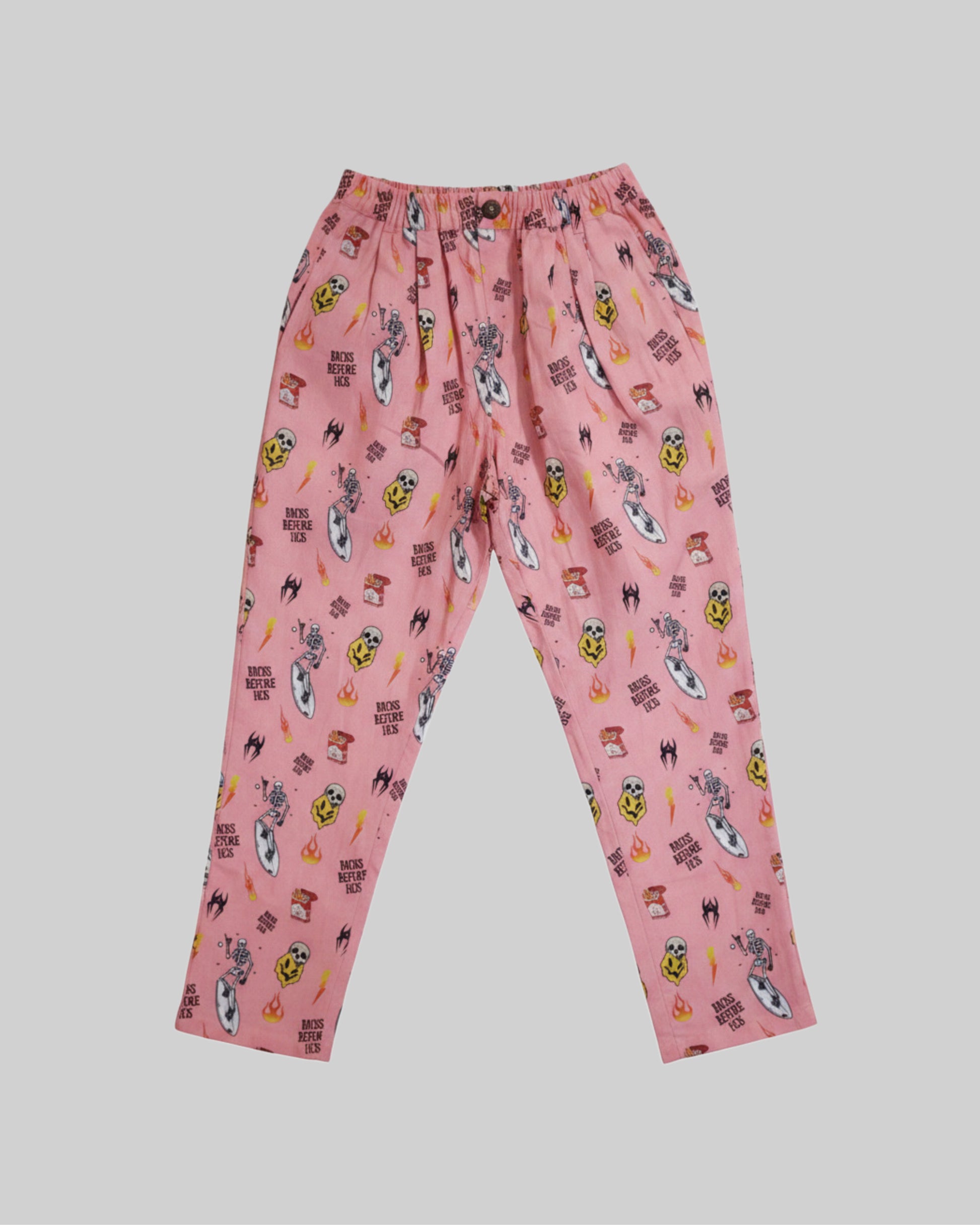 Relaxed fit pink linen printed pants from Bross Before H Os Boutique, shown with a comfortable and stylish design.