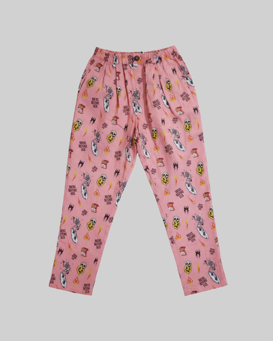 Relaxed fit pink linen printed pants from Bross Before H Os Boutique, shown with a comfortable and stylish design.