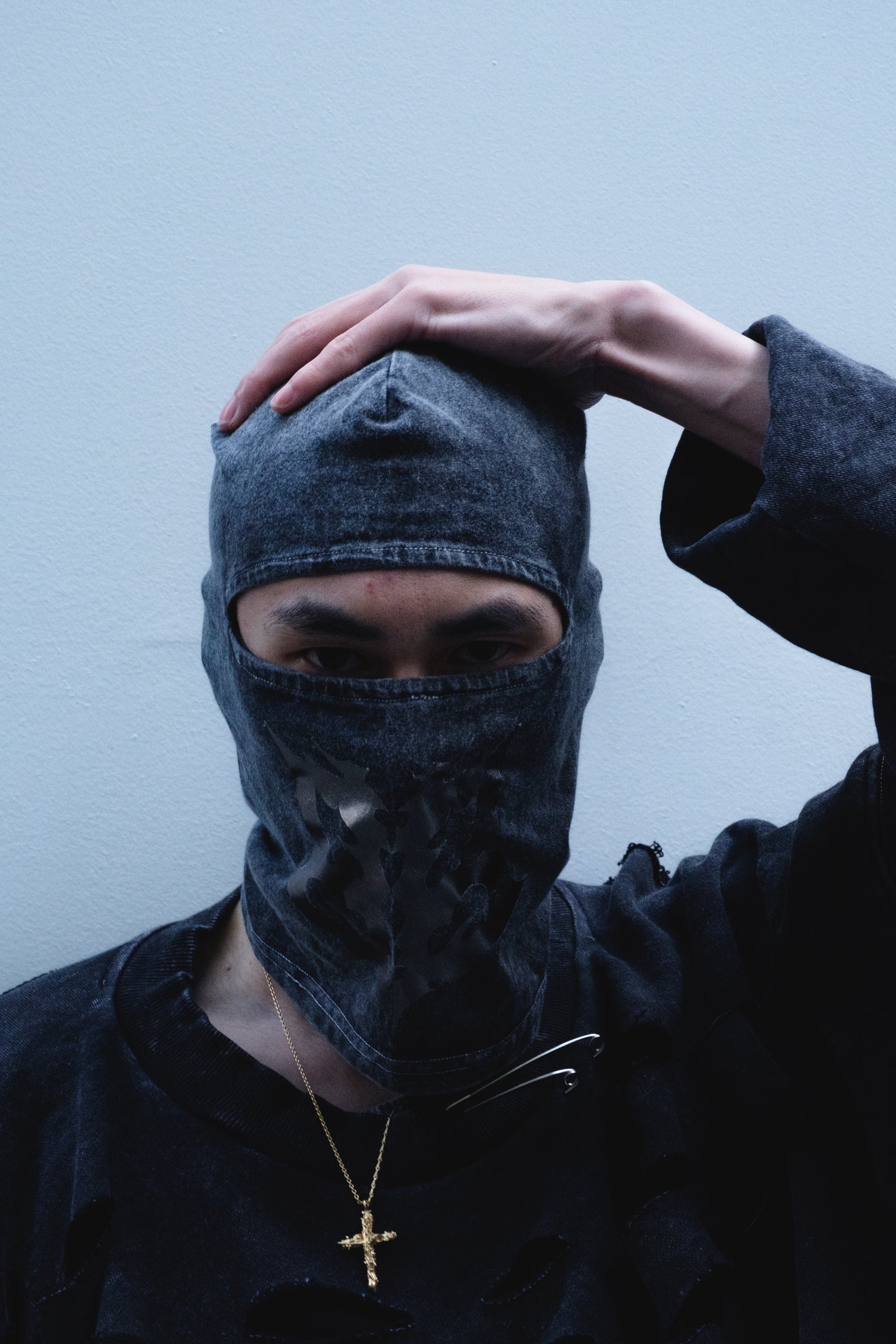 Stonewashed balaclava with BBH tribal logo, made from muscle fabric, designed for Bross Before Hos Boutique.
