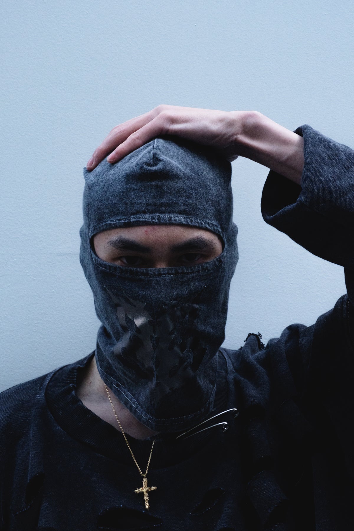 Stonewashed balaclava with BBH tribal logo, made from muscle fabric, designed for Bross Before Hos Boutique.