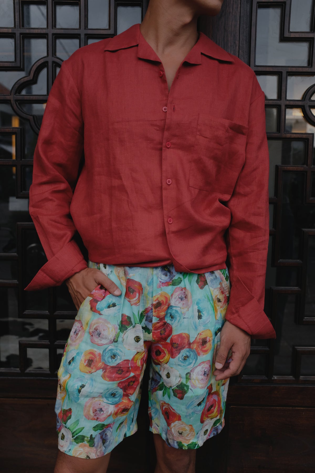 Red Ramie long-sleeve shirt from Bross Before H Os Boutique, featuring a lightweight, breathable fabric and classic fit.