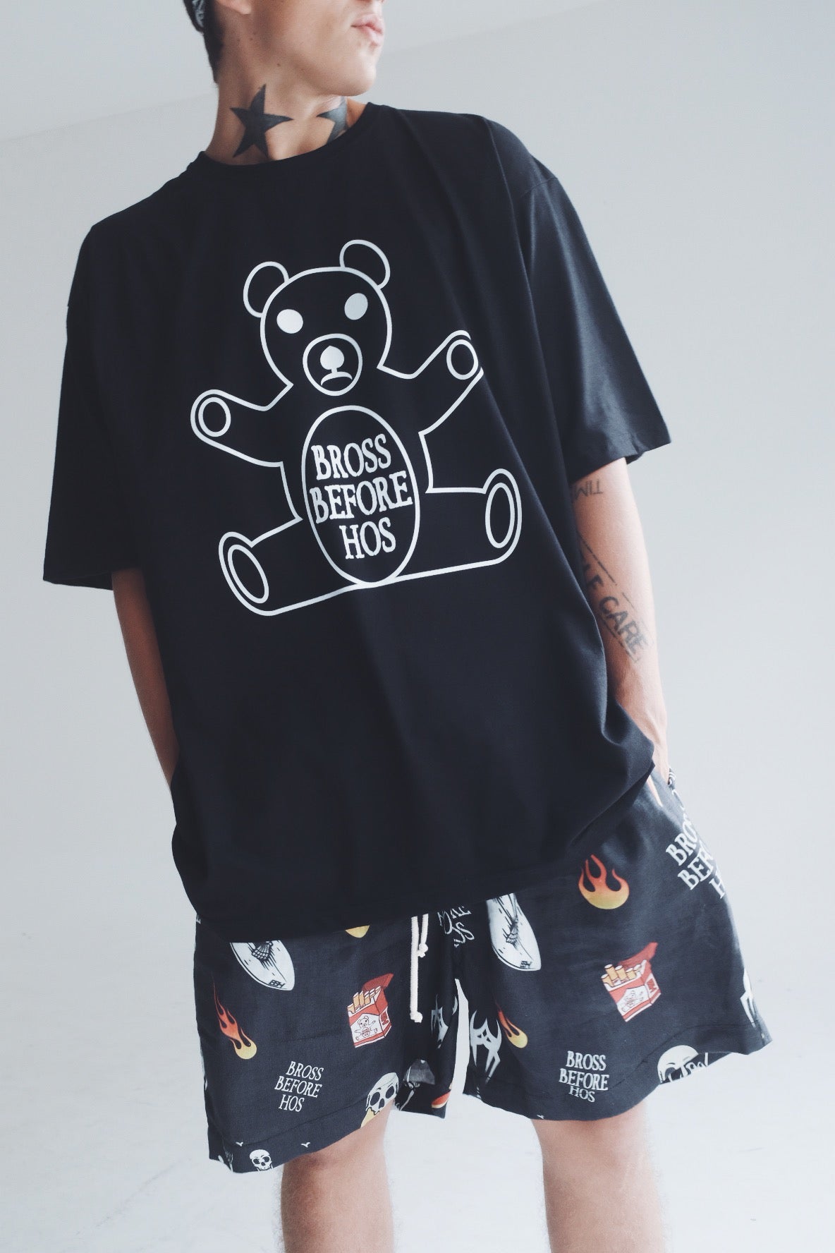 Black straight fit linen printed shorts by Bross Before Hos Boutique, featuring a stylish pattern and comfortable design.