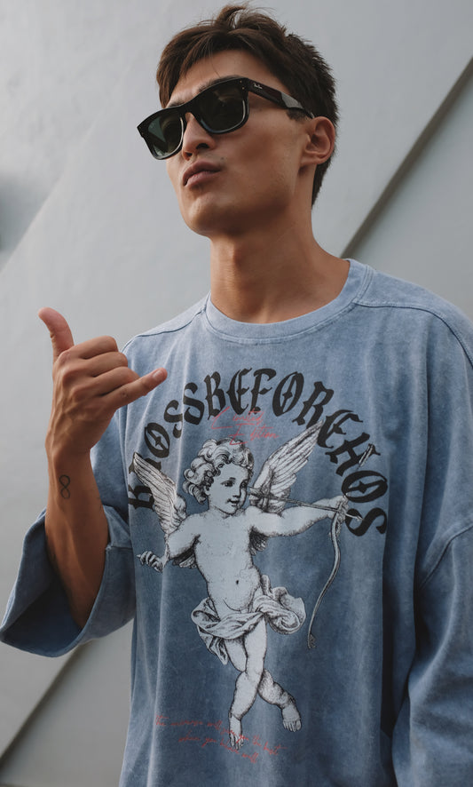 Black BROSS BEFORE HOS BOUTIQUE T-shirt with printed angel design, showcasing a casual fit and artistic graphic on the front.
