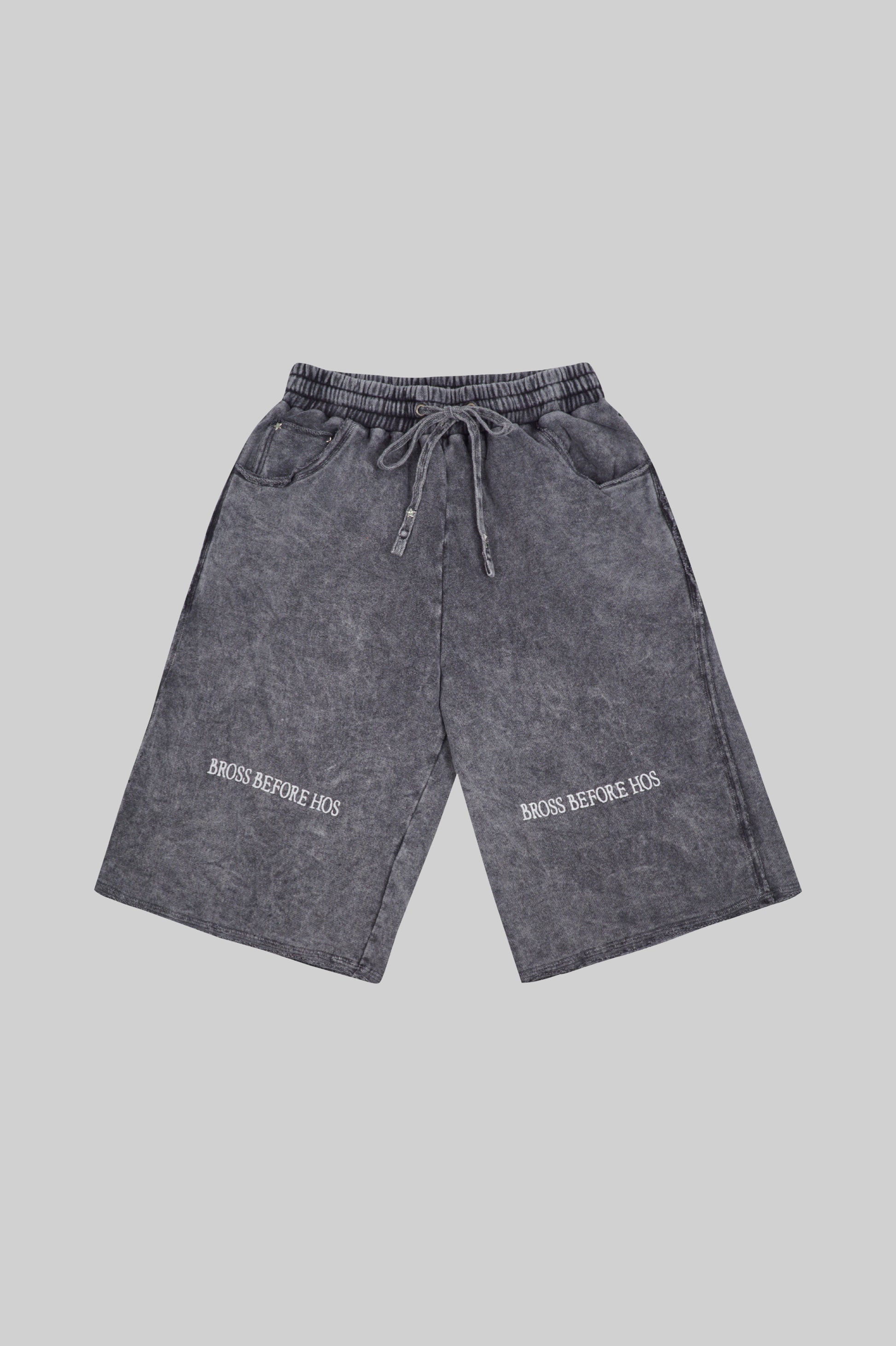 Black French Terry long shorts by Bross Before HOS Boutique, featuring a comfortable casual fit and relaxed design.