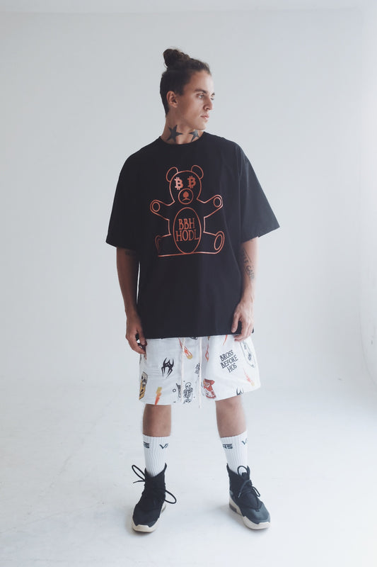 White cotton T-shirt with Bitcoin bear print from Bross Before Hos Boutique, featuring a casual fit and graphic design.