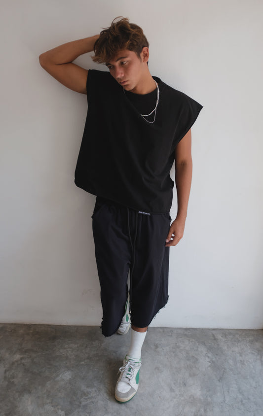 Black French terry shorts by Bross Before Hos Boutique, showing a relaxed fit and soft fabric.