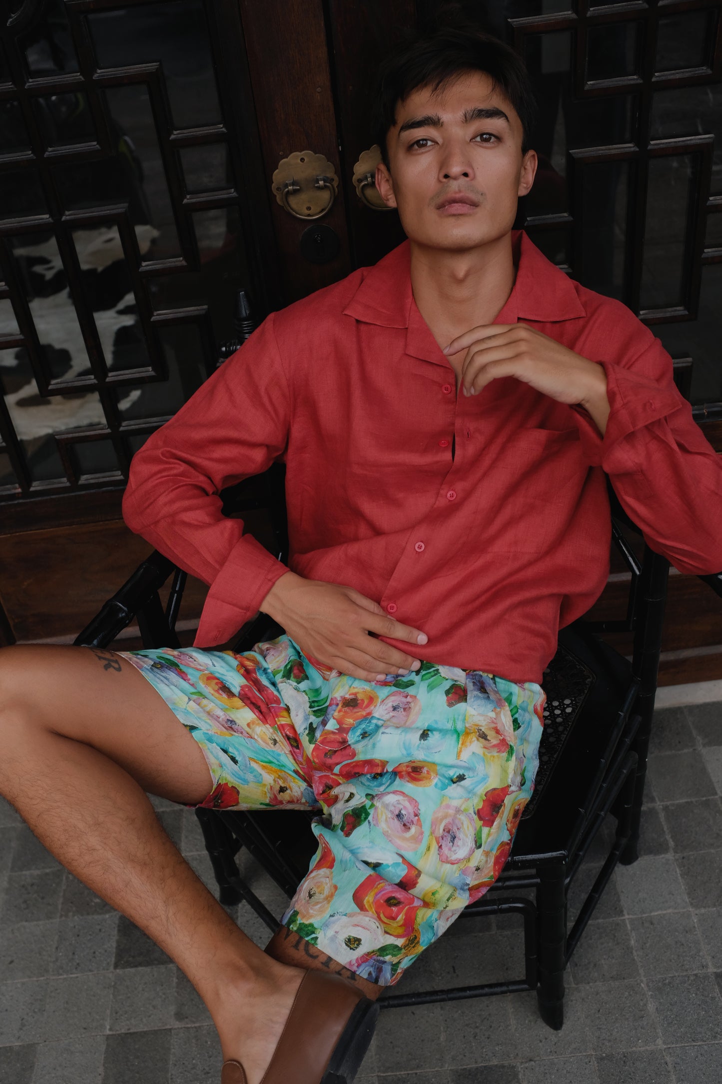 Red long-sleeve Ramie shirt by Bross Before HOS Boutique, featuring a classic fit and lightweight fabric detail.