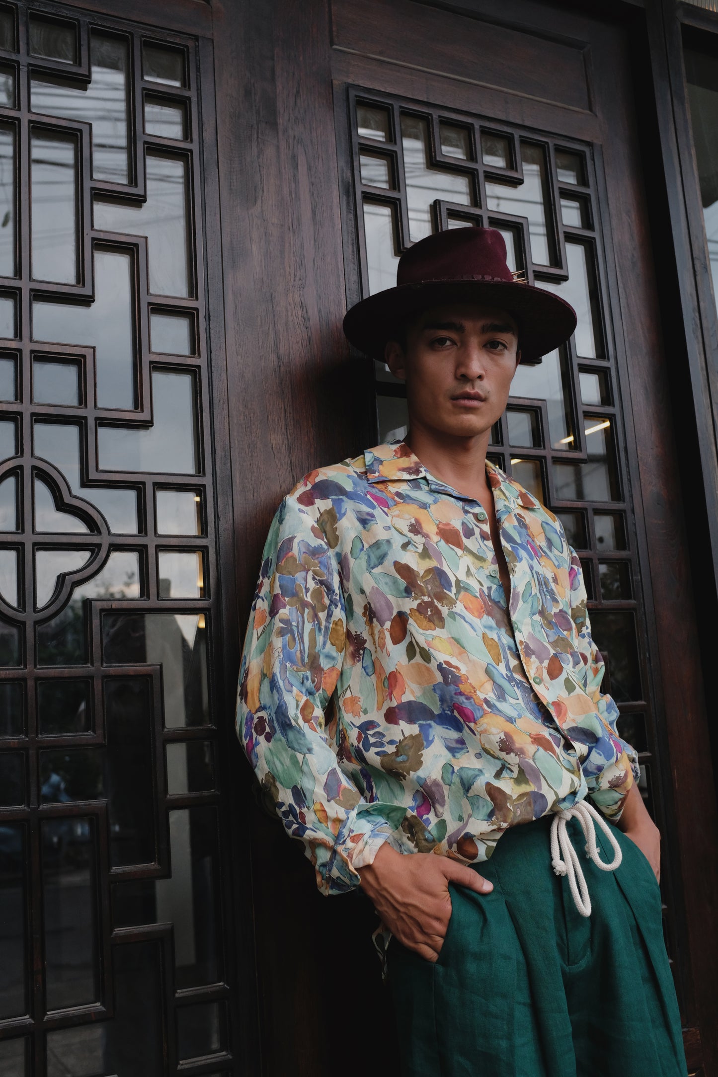 Green Ramie Blossom Shirt by Bross Before Hos Boutique, long-sleeve with floral print and relaxed fit.