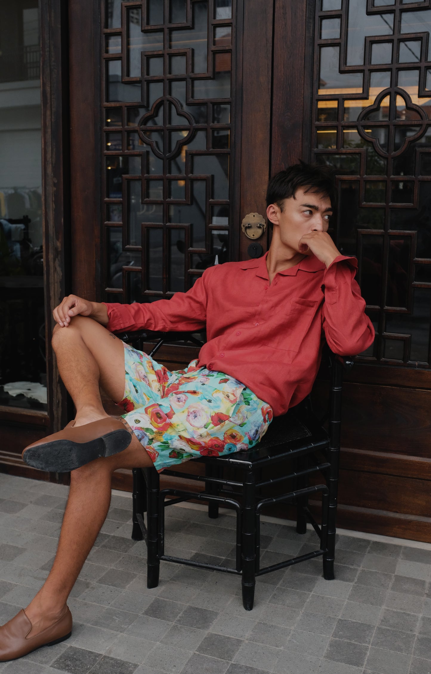Red Ramie long-sleeve shirt by Bross Before Hos Boutique, featuring a lightweight, breathable fabric and casual fit.