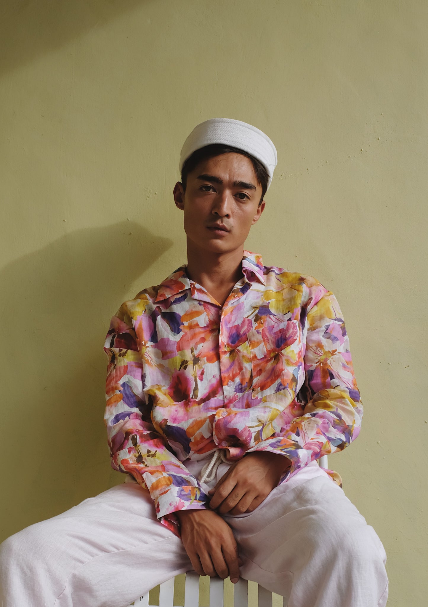 Pink Ramie Blossom long-sleeve shirt by Bross Before Hos Boutique with floral pattern and relaxed fit.