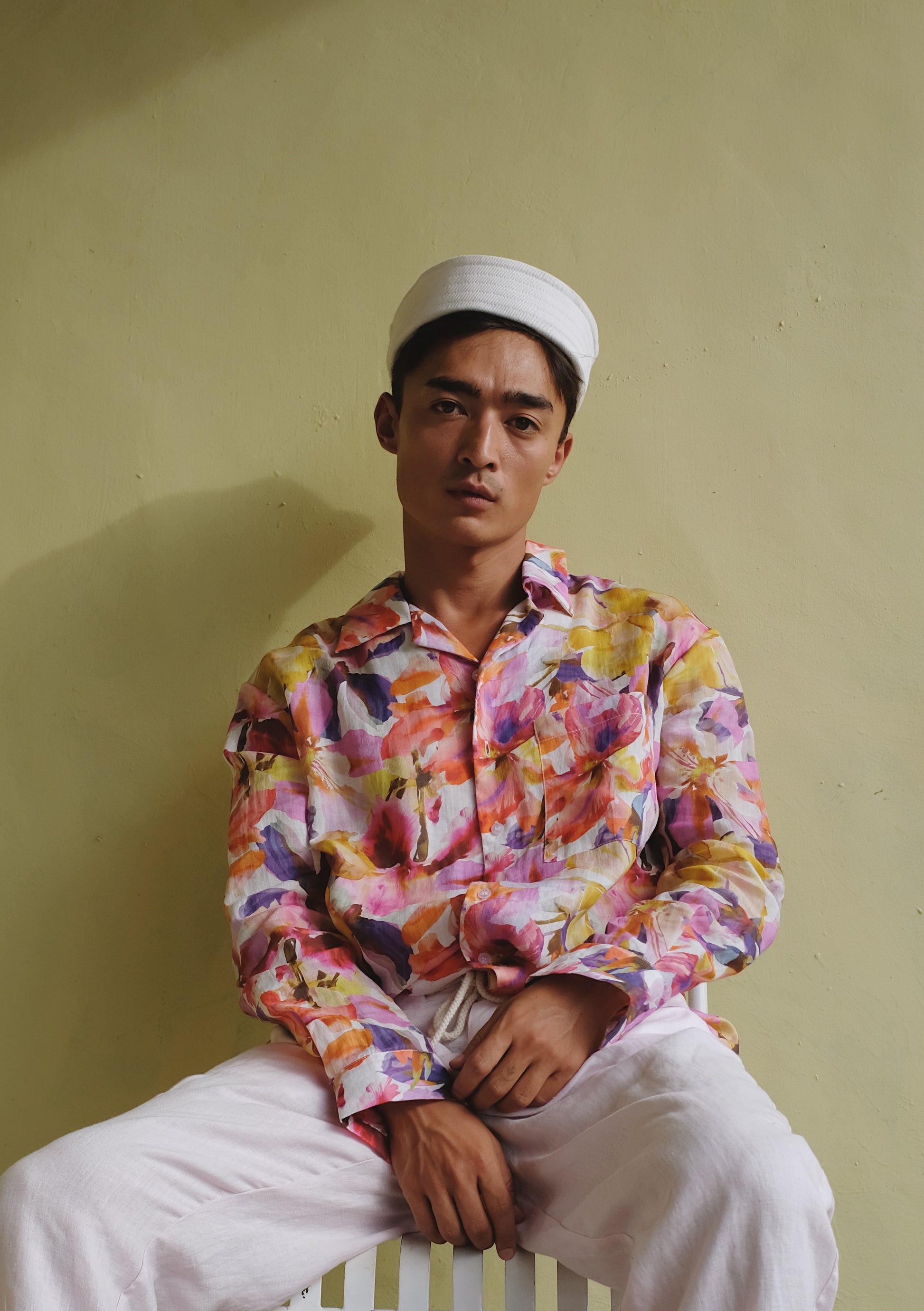 Pink Ramie Blossom long-sleeve shirt by Bross Before Hos Boutique with floral pattern and relaxed fit.