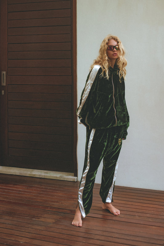 SILK VELVET TRACK PANTS OLIVE