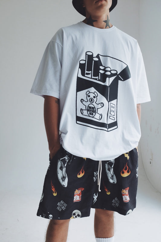 White and black cotton T-shirt with cigarette print from Bross Before Hos Boutique, casual and stylish men's apparel.