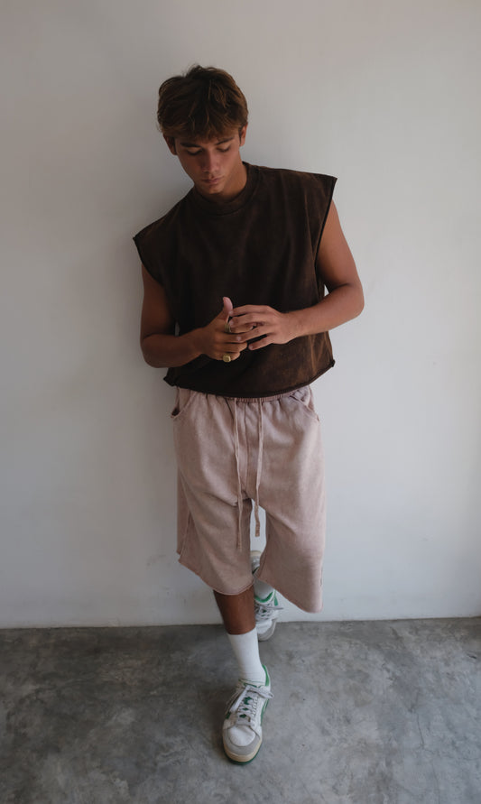 Brown muscle top from Bross Before Hos Boutique with a stonewashed finish, displayed on a plain background.