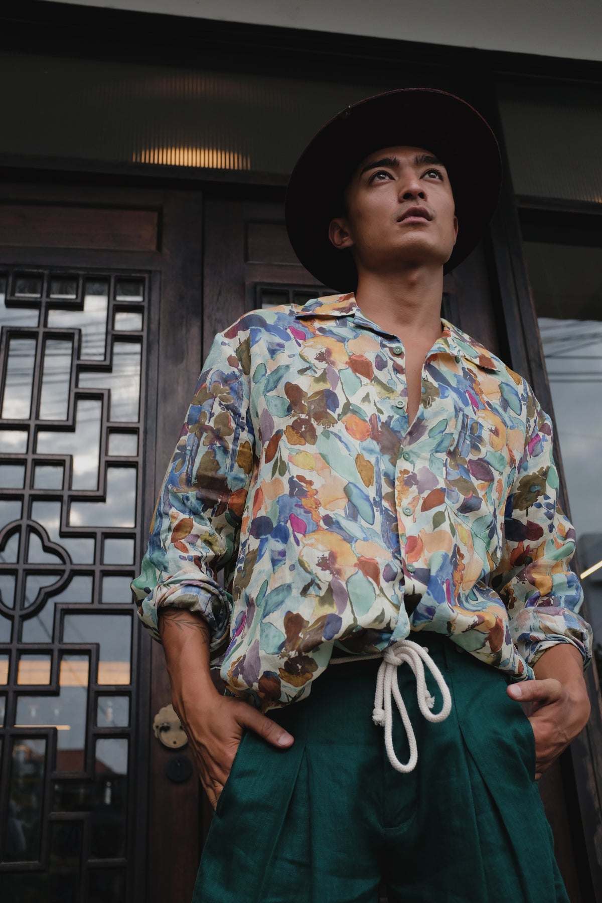 Green Ramie Blossom Longsleeve Shirt by Bross Before Hos Boutique, featuring a lightweight, floral-printed design and classic fit.