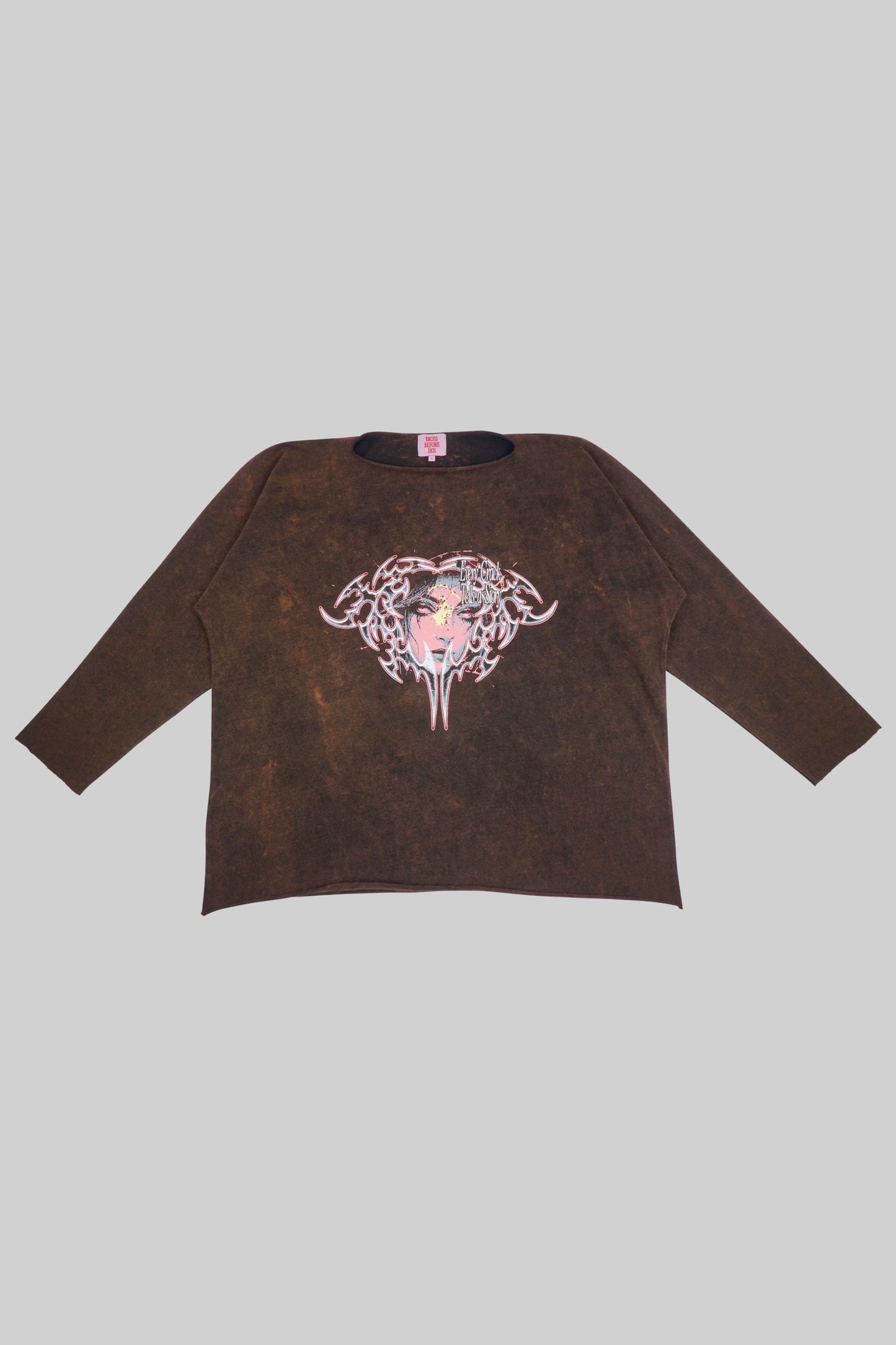 Black long-sleeve T-shirt with a face print design from Bross Before Hos Boutique, shown on a white background.