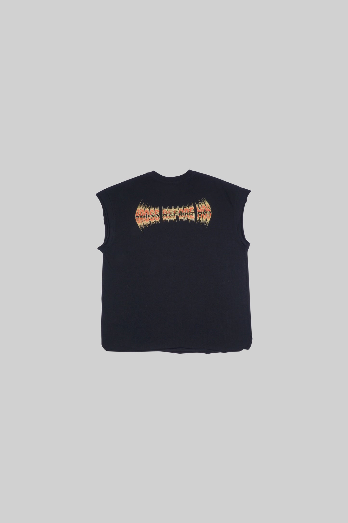 Black muscle top with white "Dark" print, sleeveless design, from Bross Before Hos Boutique, displayed on a hanger.