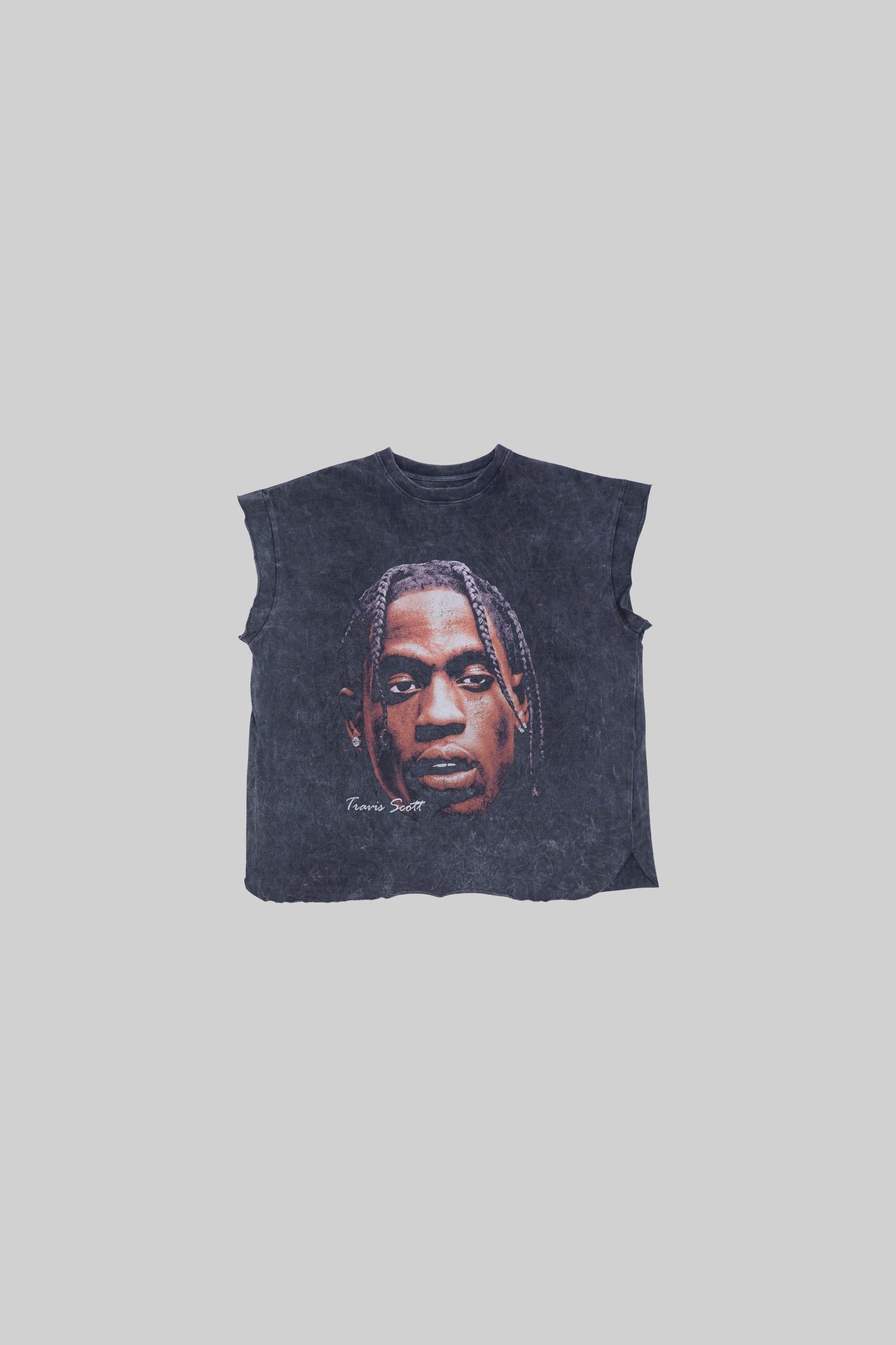 Black muscle top with Travis Scott graphic print from Bross Before Hos Boutique, featuring bold design and sleeveless style.