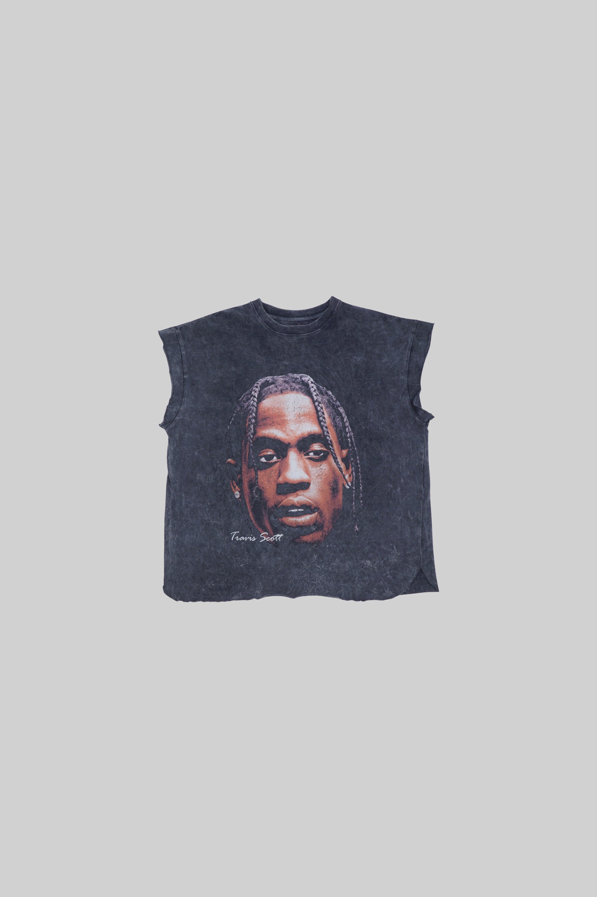 Black muscle top with Travis Scott graphic print from Bross Before Hos Boutique, featuring bold design and sleeveless style.