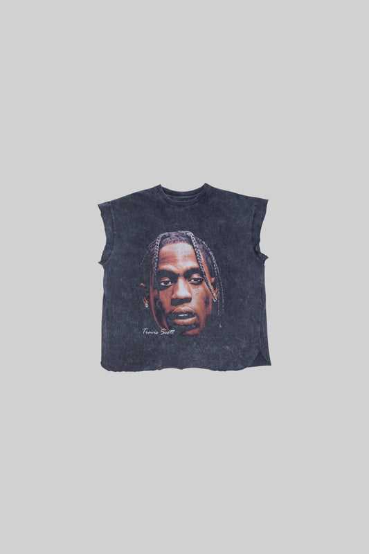 Black muscle top with Travis Scott graphic print from Bross Before Hos Boutique, featuring bold design and sleeveless style.