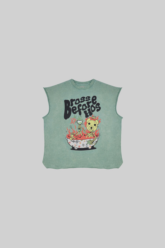Black muscle top with "BATH" print from Bross Before Hos Boutique, featuring a sleeveless design and casual fit.