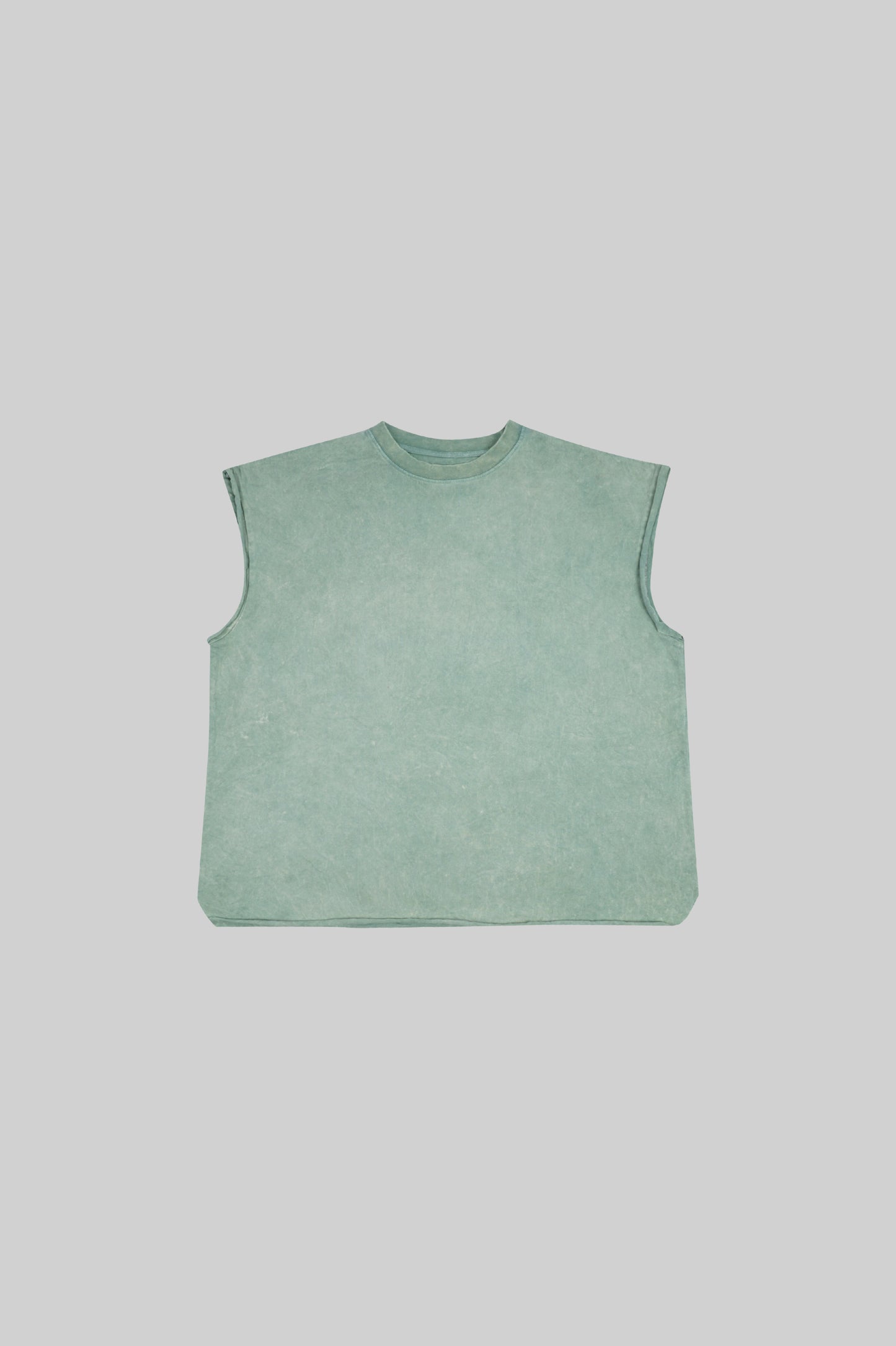 Stonewashed BROSS BEFORE HOS BOUTIQUE muscle top laid flat, showcasing its casual style and soft fabric for men.