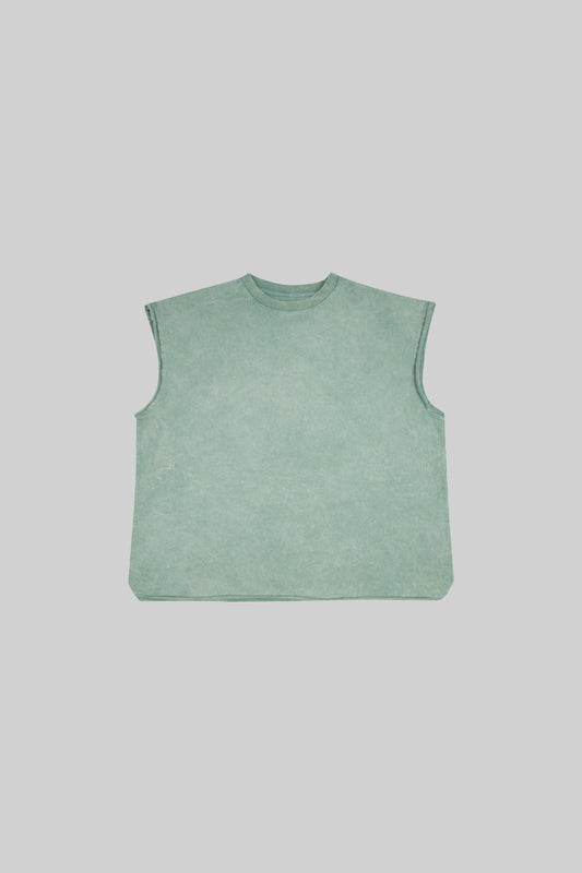 Stonewashed BROSS BEFORE HOS BOUTIQUE muscle top laid flat, showcasing its casual style and soft fabric for men.