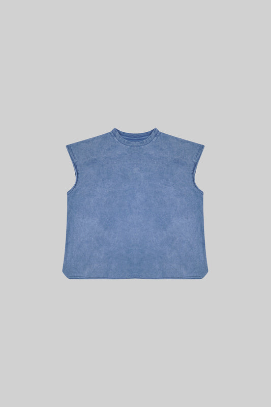 Stonewashed BROSS BEFORE HOS BOUTIQUE muscle top, casual sleeveless shirt with a relaxed fit and distressed fabric detail.