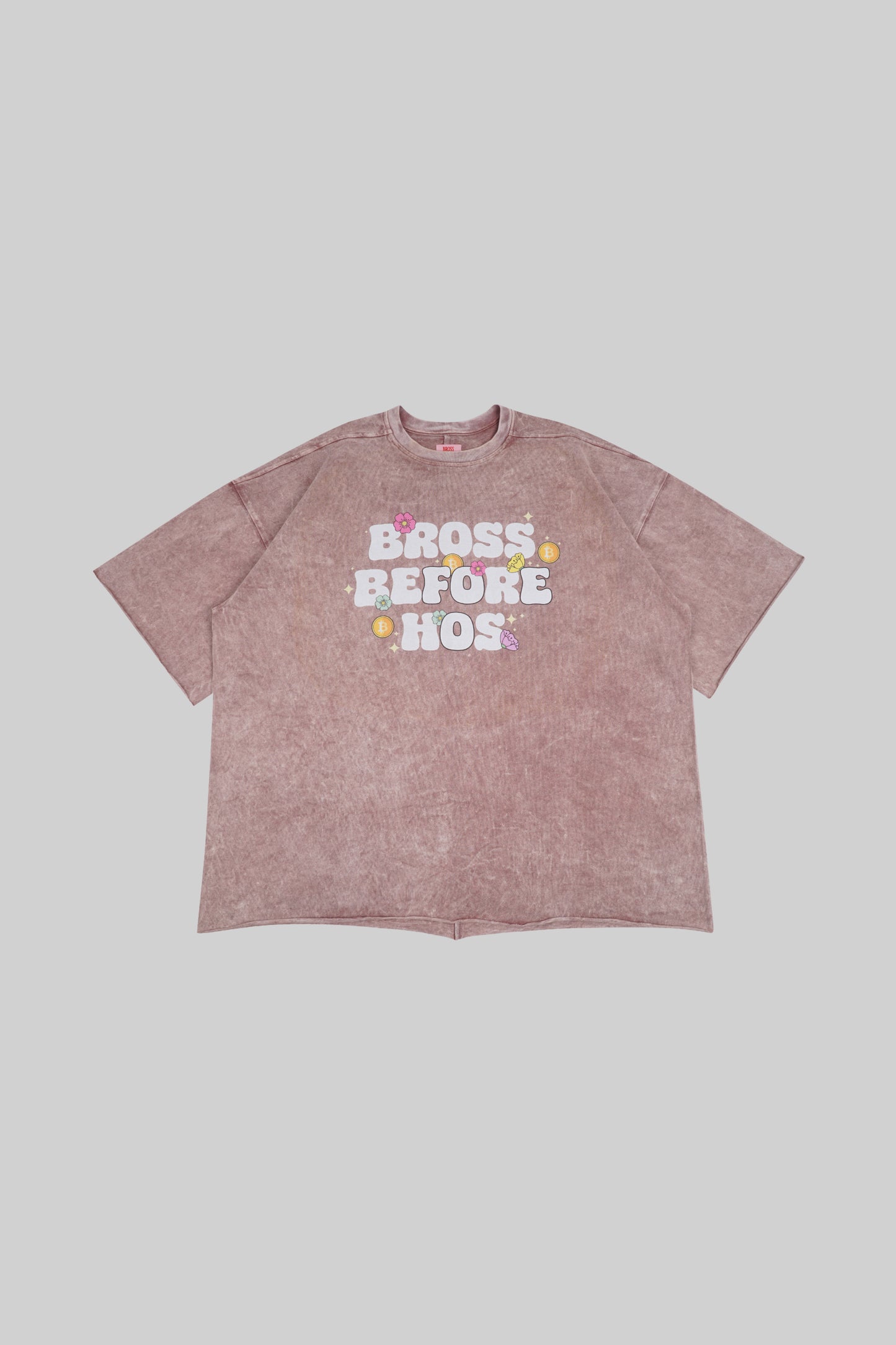 BROSS BEFORE HOS BOUTIQUE floral print T-shirt featuring colorful flower designs on a casual fit shirt.