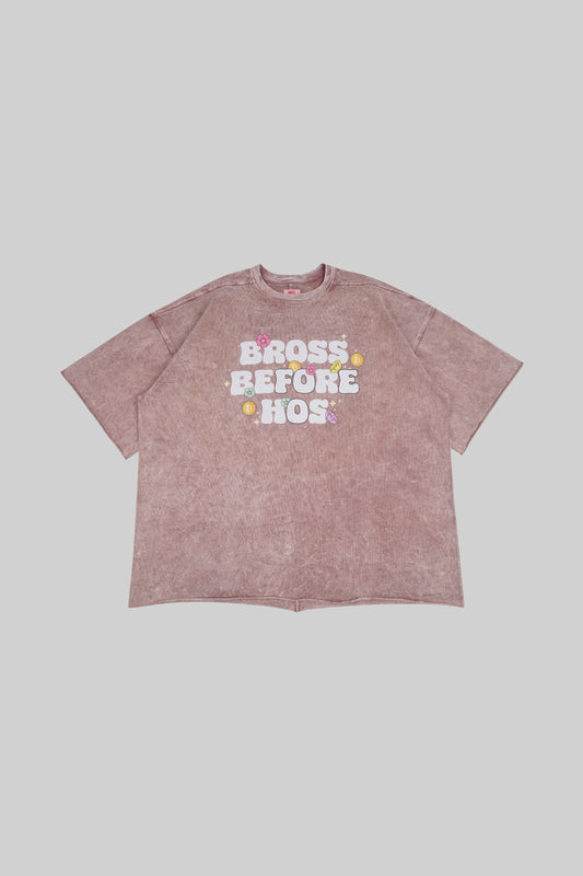 BROSS BEFORE HOS BOUTIQUE floral print T-shirt featuring colorful flower designs on a casual fit shirt.