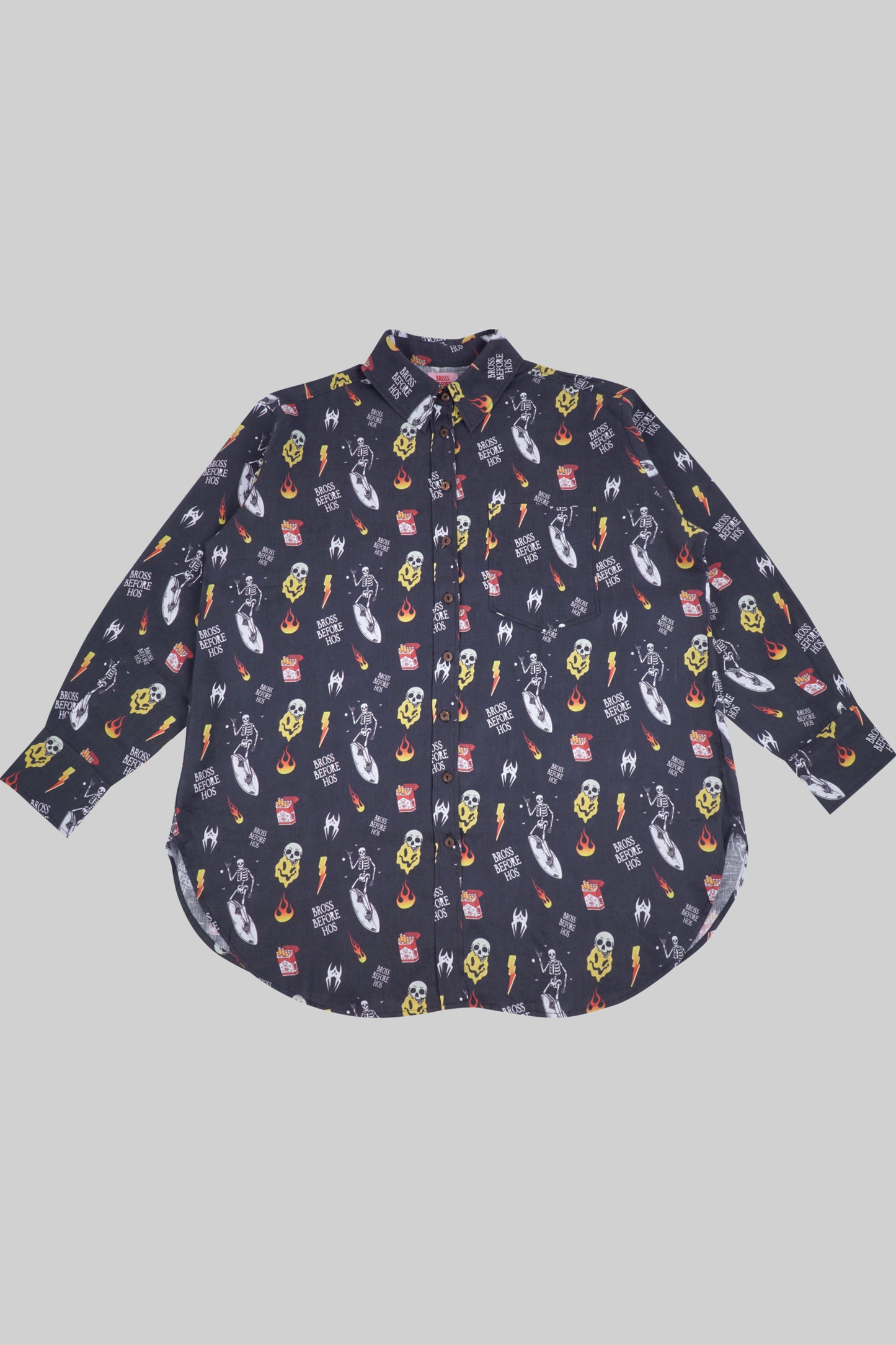 Linen shirt with BBH print from Bross Before H Os Boutique, featuring a relaxed fit and stylish design.