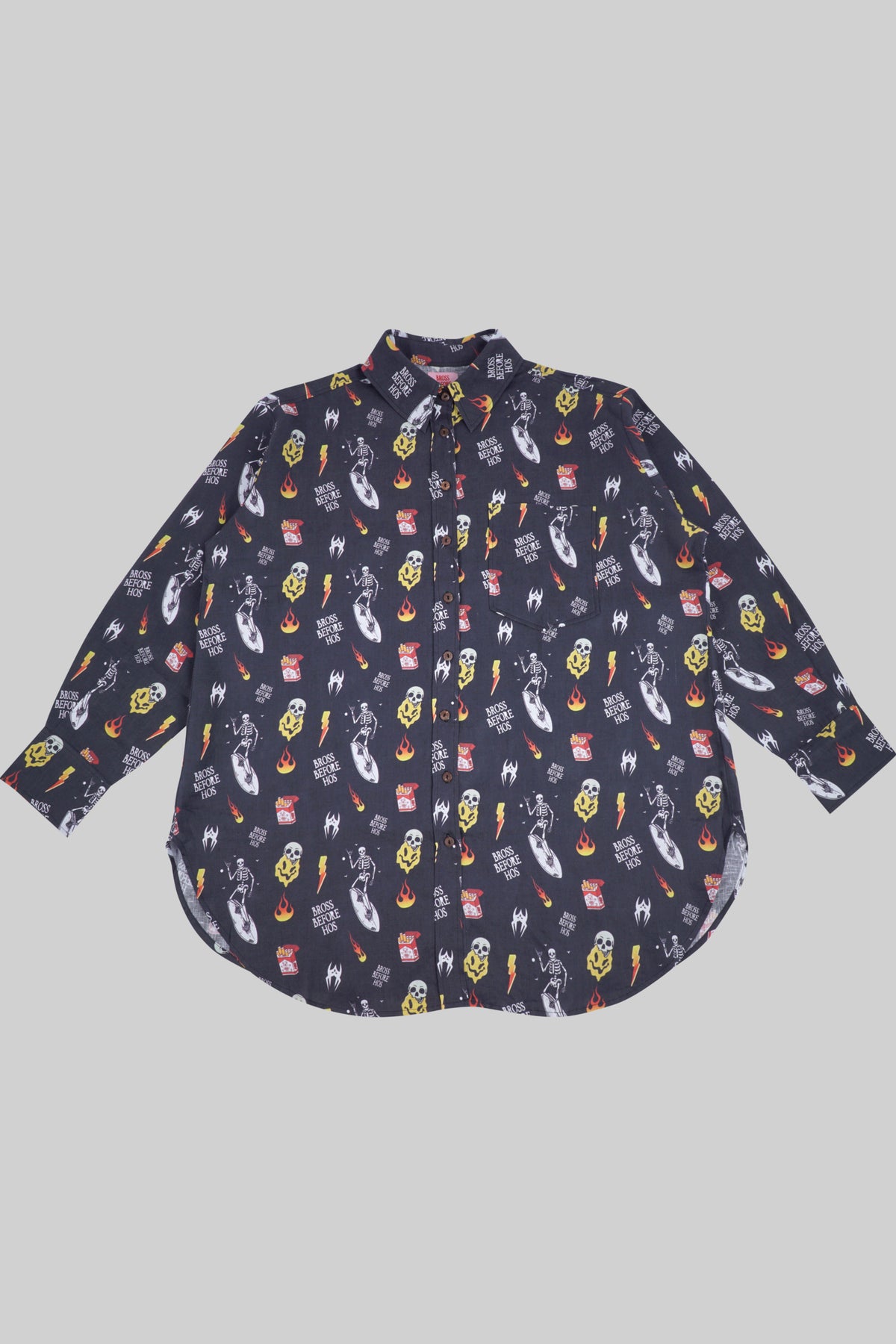 Linen shirt with BBH print from Bross Before H Os Boutique, featuring a relaxed fit and stylish design.