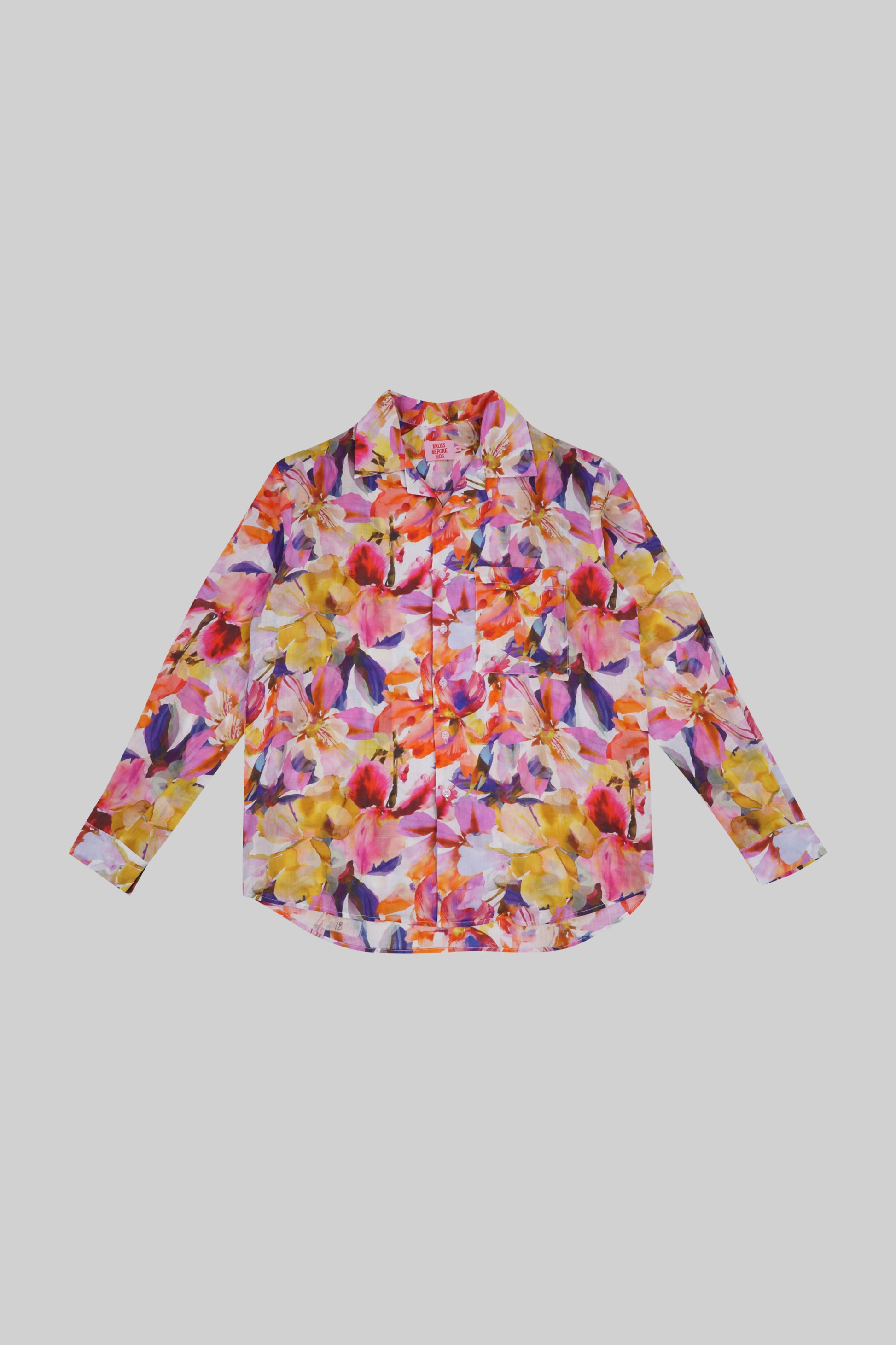 Long-sleeve Ramie Blossom Shirt from Bross Before Hos Boutique, featuring a lightweight, floral-printed design with a relaxed fit.