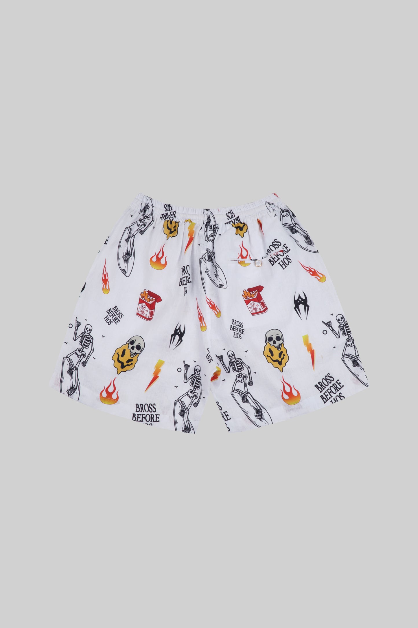 Light beige linen shorts with a printed “Basic” pattern from Bross Before Hos Boutique, casual comfortable pants.